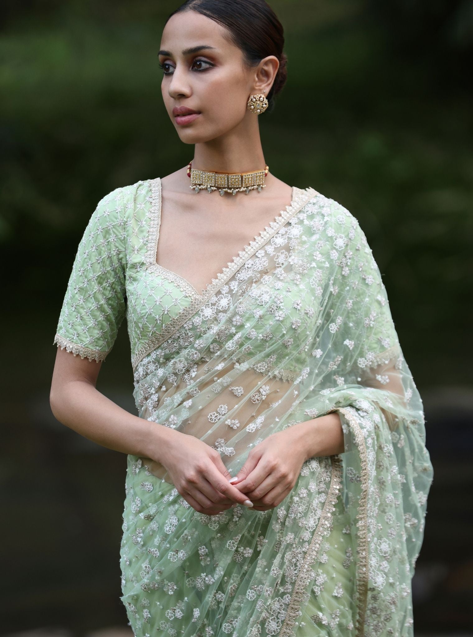 Mulmul Net Kala Green Saree