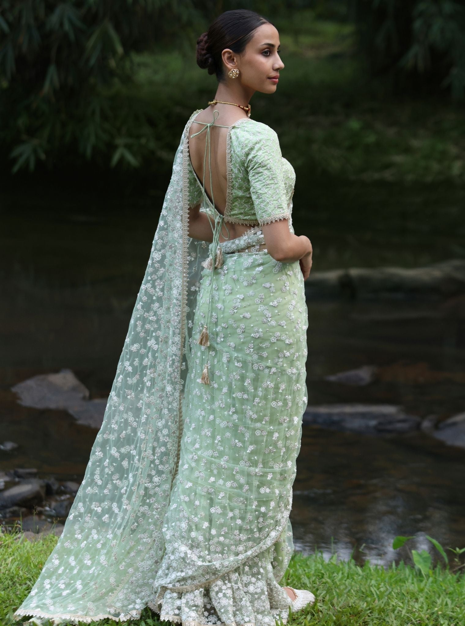 Mulmul Net Kala Green Saree