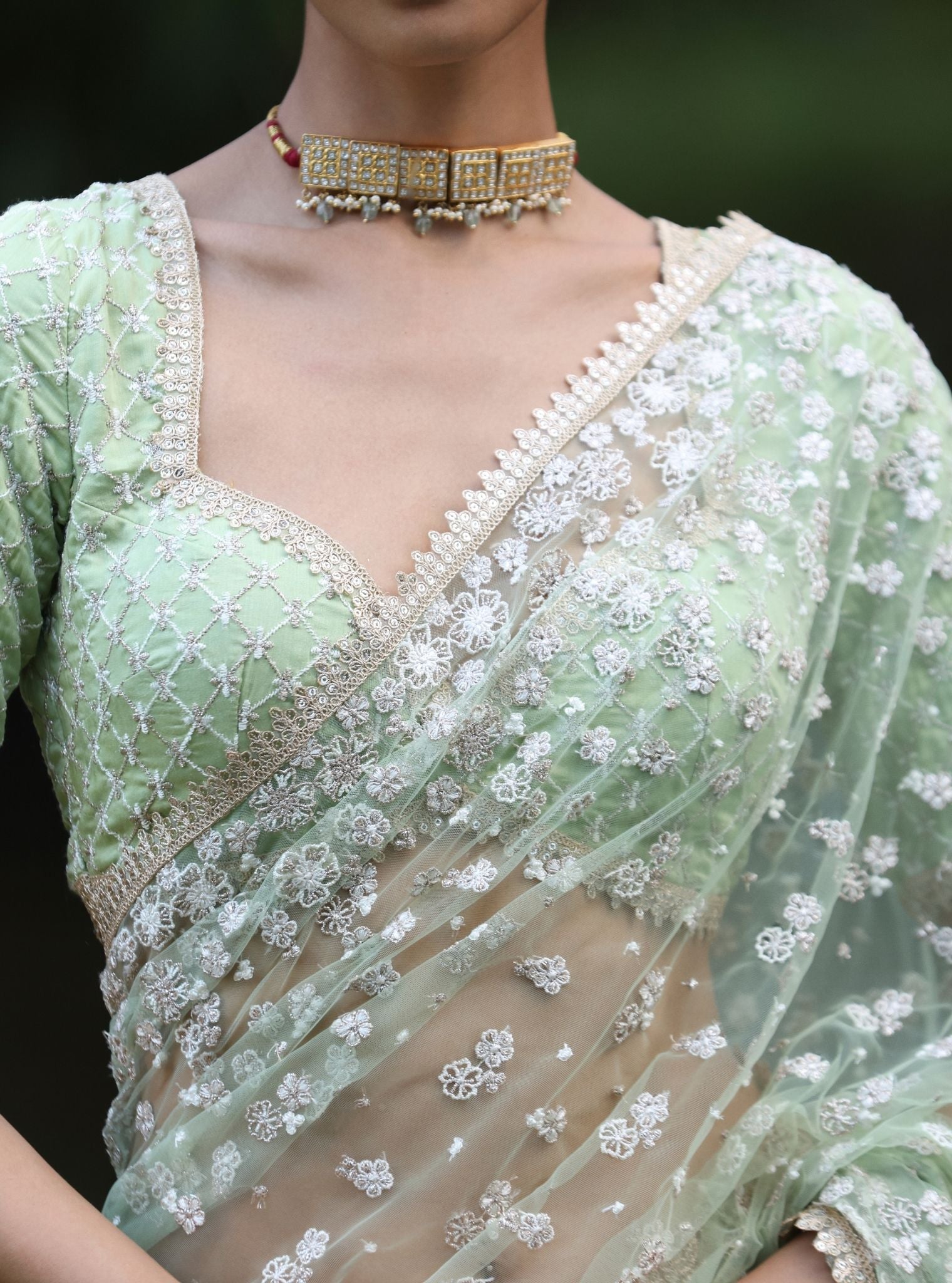 Mulmul Net Kala Green Saree