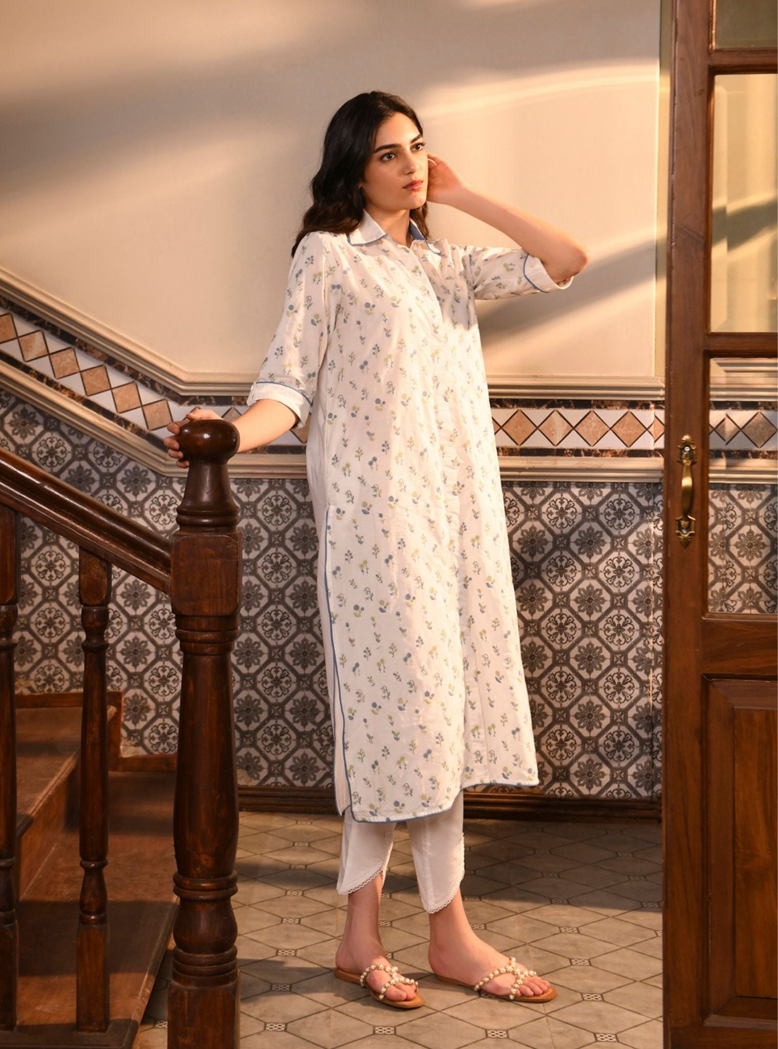 Mahin Cotton White Kurta With Inverted V Hem Pant