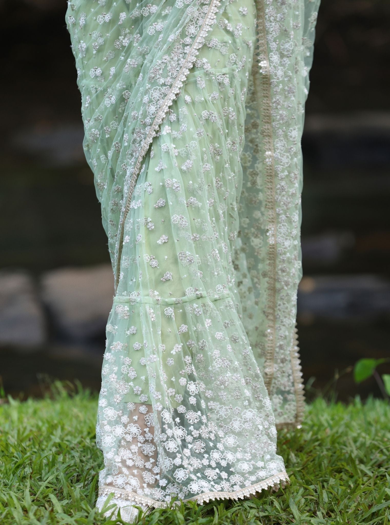 Mulmul Net Kala Green Saree