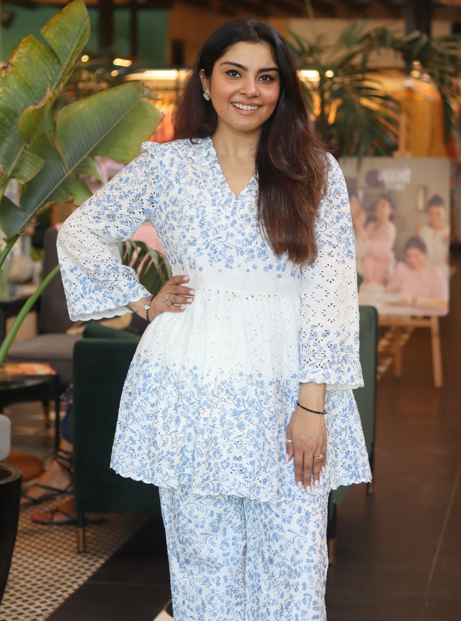 Frida Cotton White Blue Print Co-ord Set