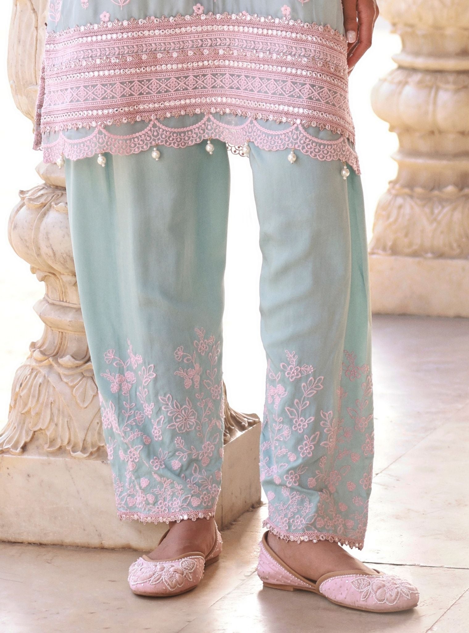 Taveli Organza Light Blue & Pink Kurta Set