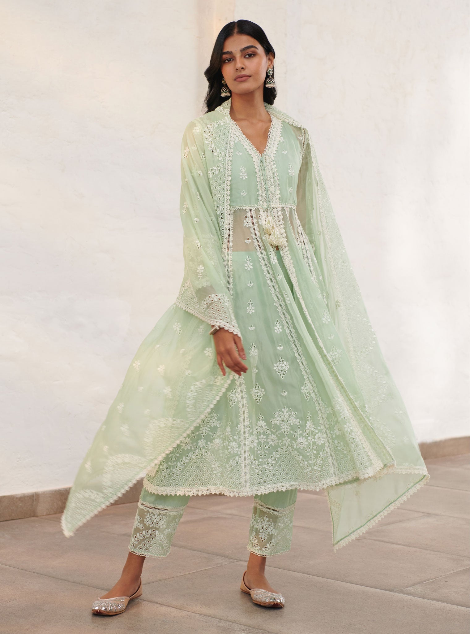 Sheffield Organza Green Anarkali Kurta Set