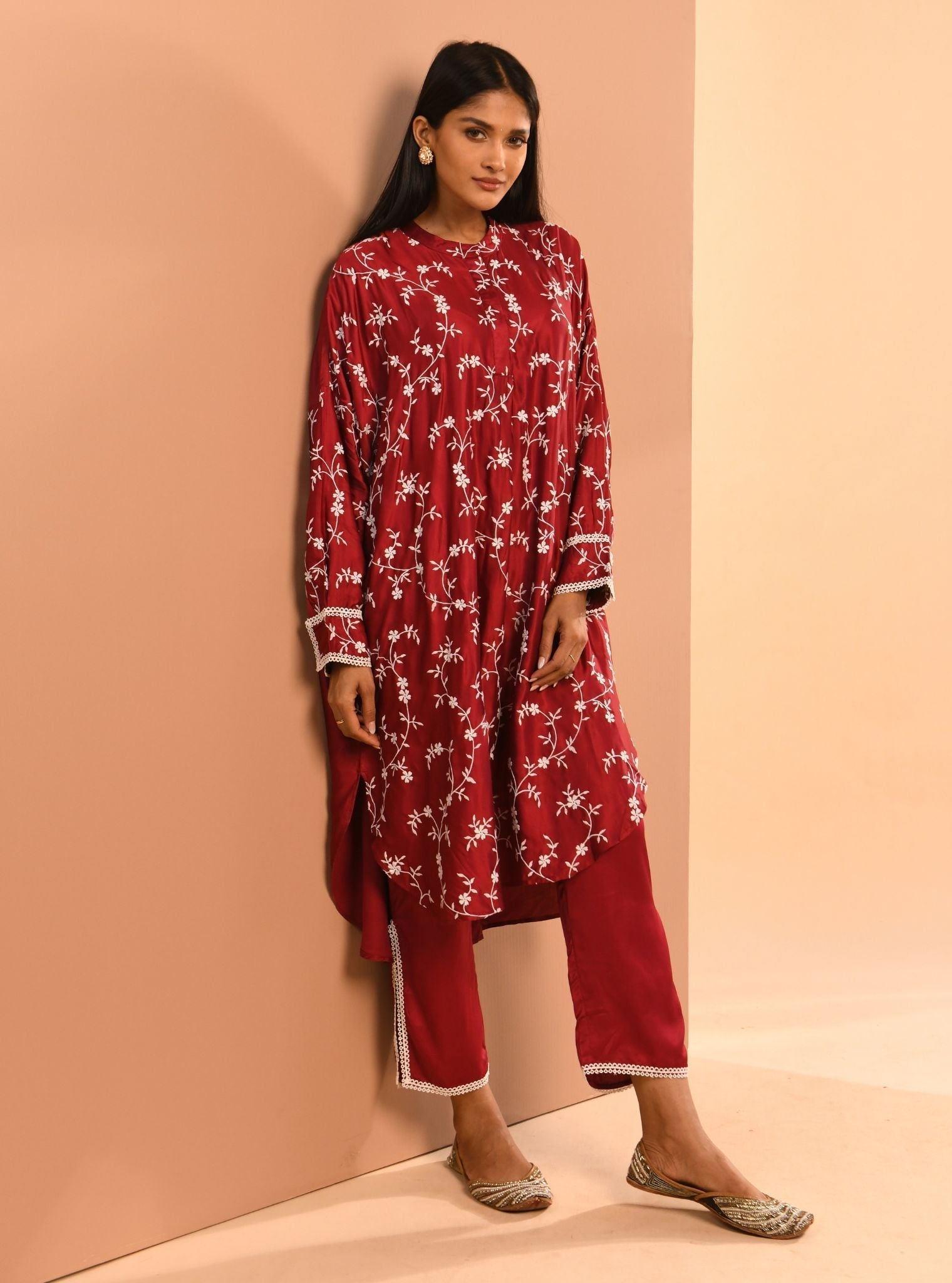 Pheme Cupro Wine Kurta Set