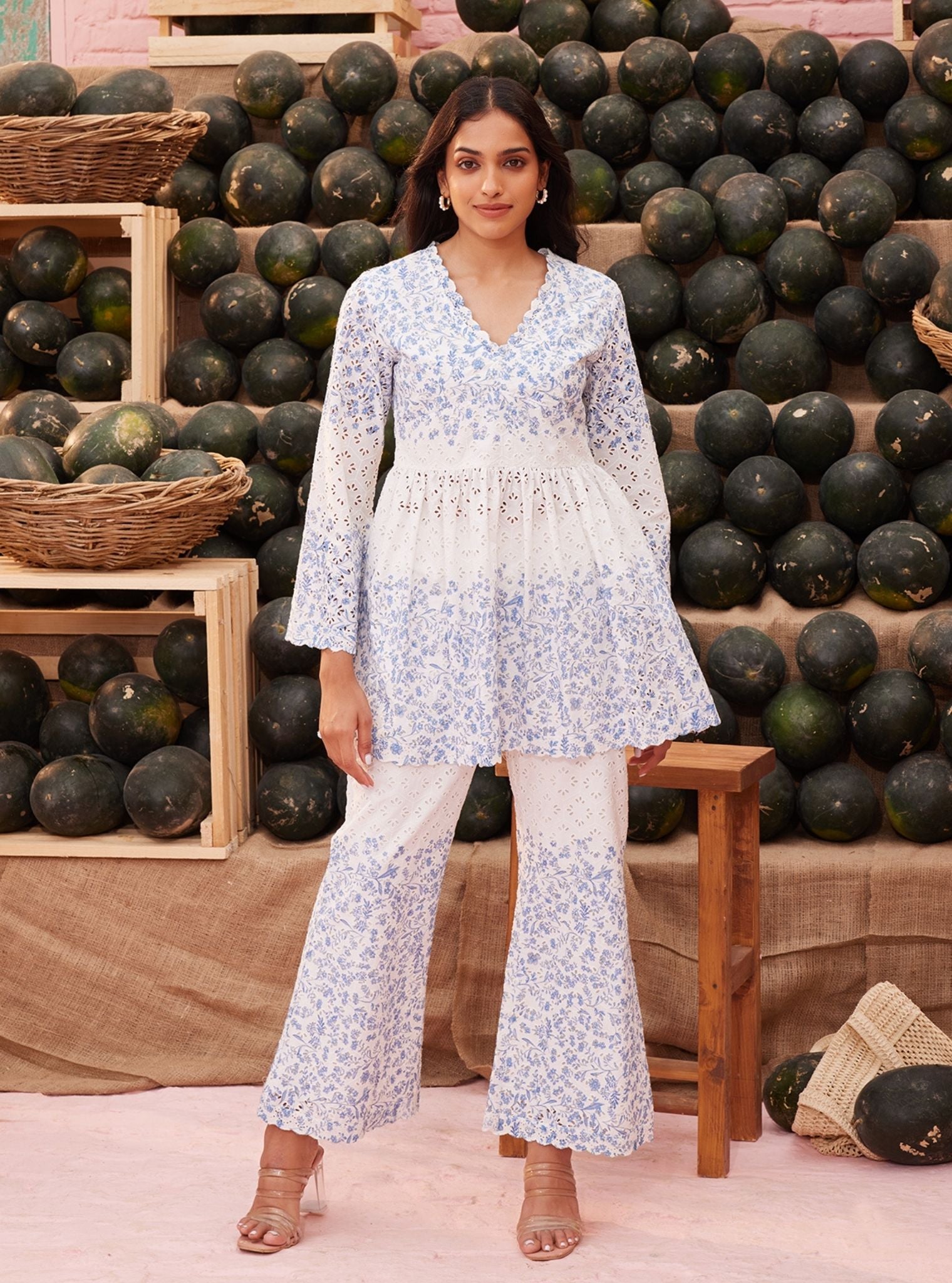 Frida Cotton White Blue Print Co-ord Set