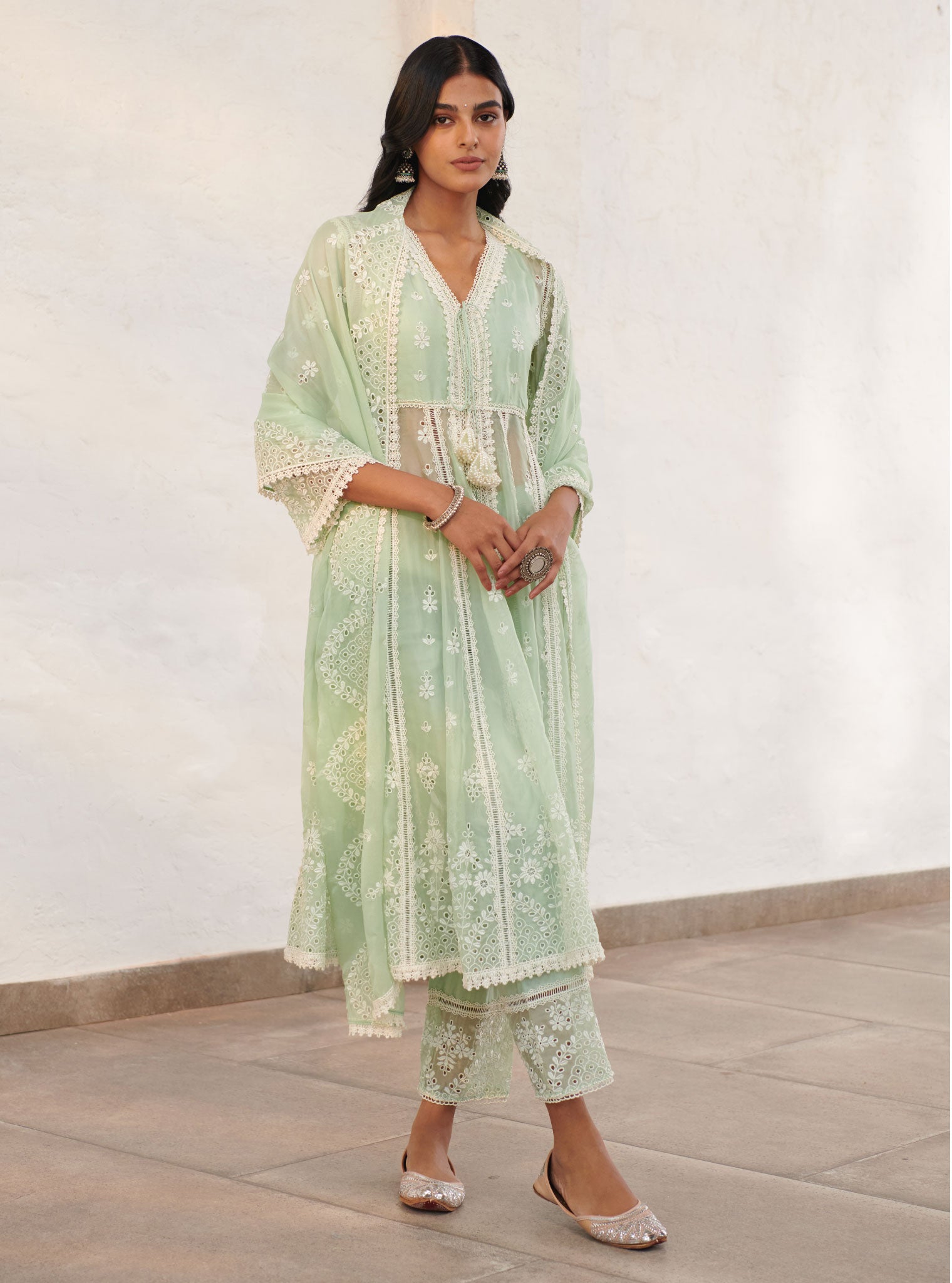 Sheffield Organza Green Anarkali Kurta Set
