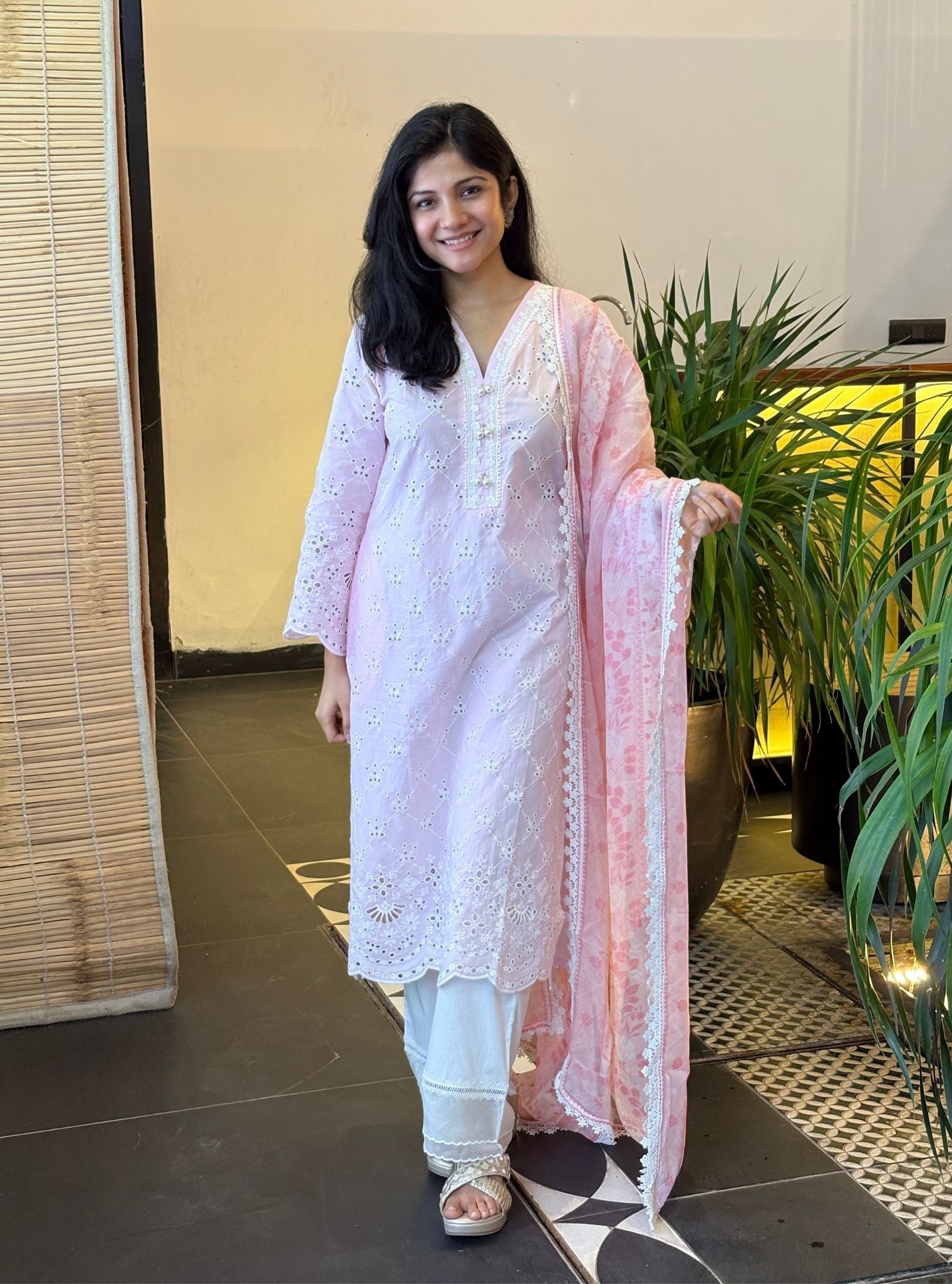 Perth Supima Cotton Pink Kurta with Saanjh White Pant Set