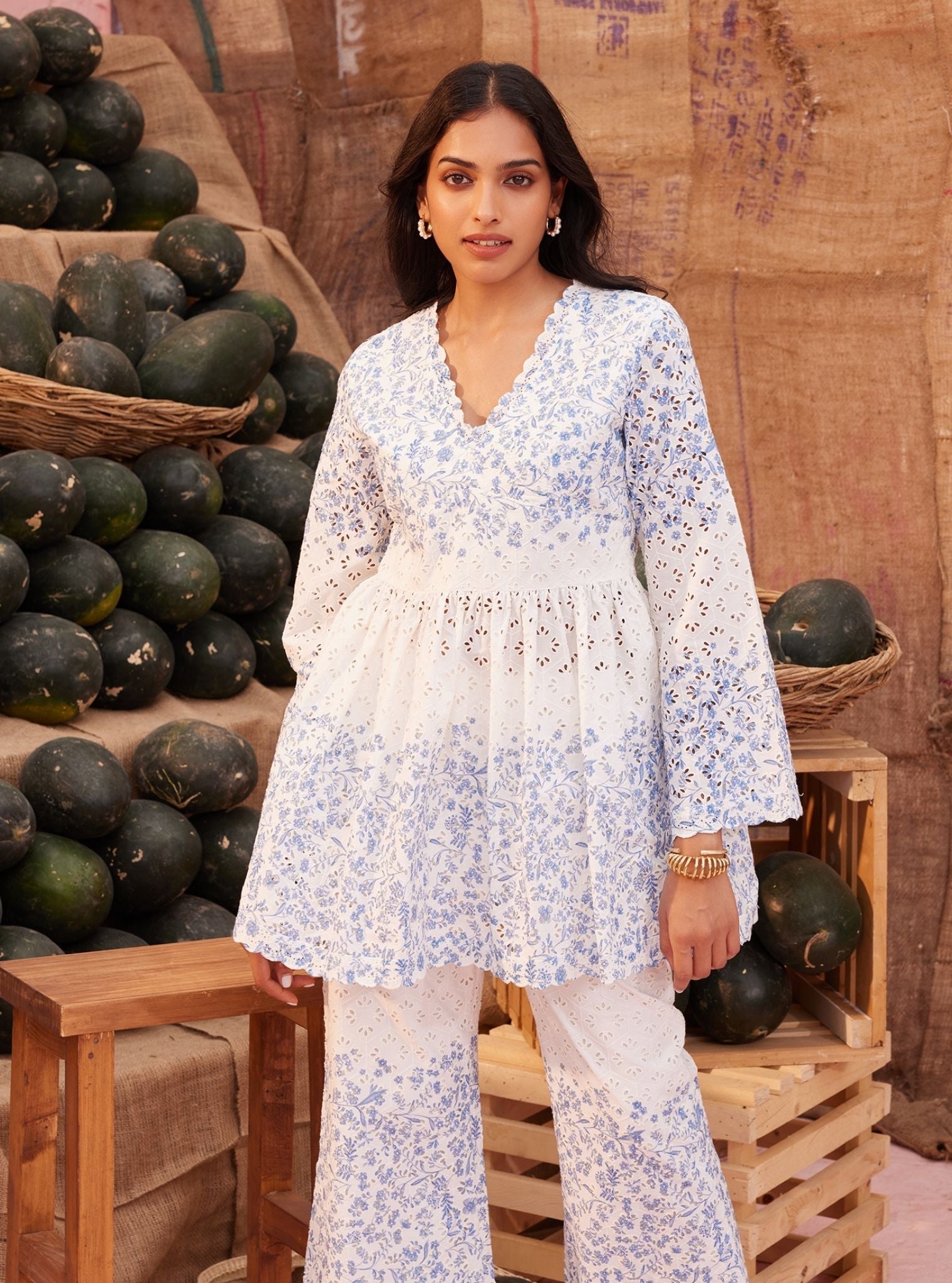 Frida Cotton White Blue Print Co-ord Set