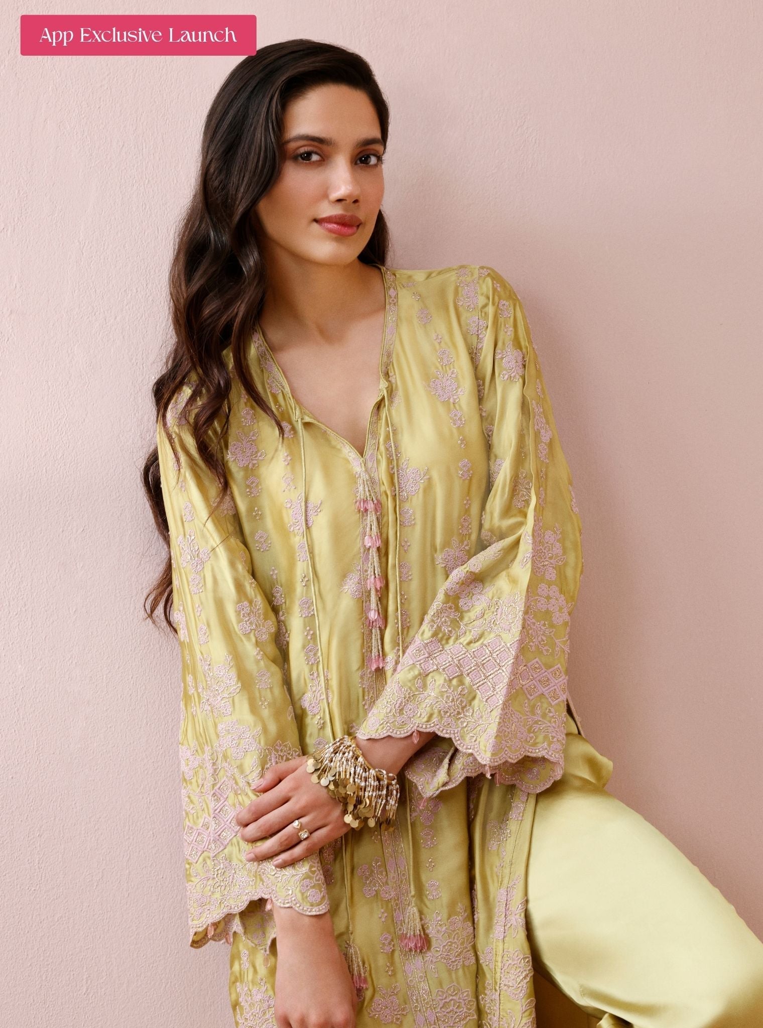 Arlette Cupro Satin Lime Long Kaftan Set