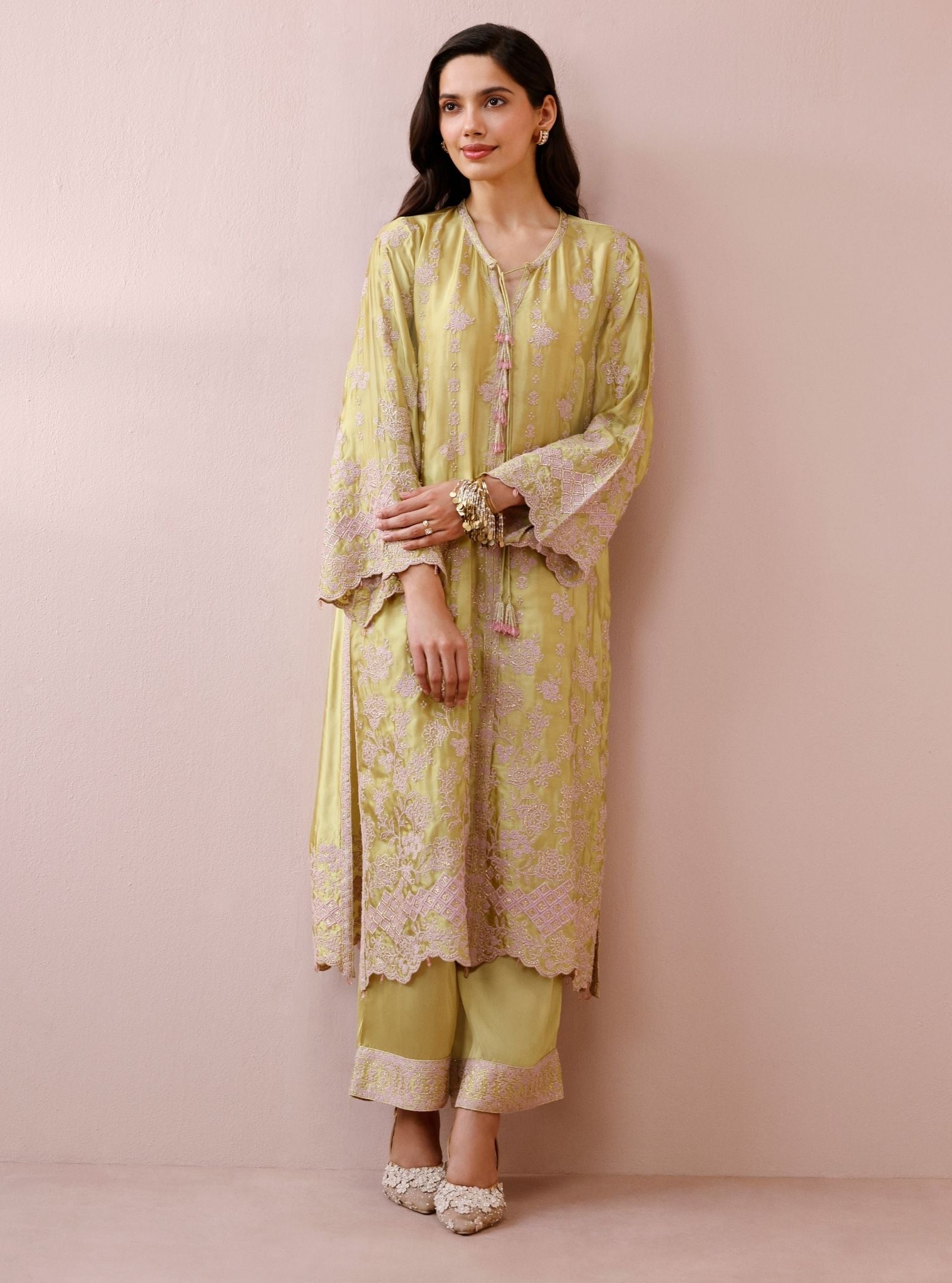 Arlette Cupro Satin Lime Long Kaftan Set