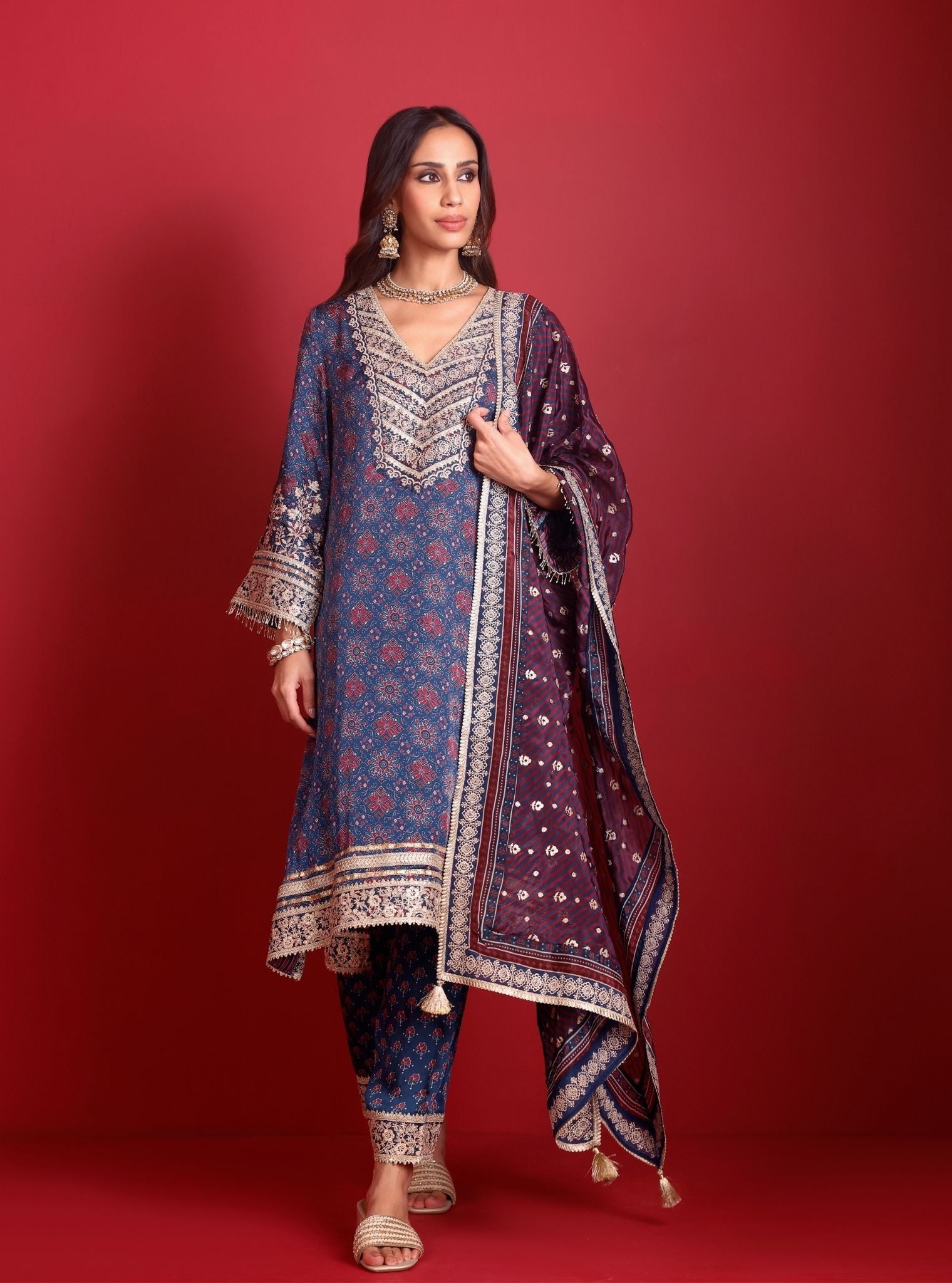 Sunheri Cupro Satin Navy Ajrakh Print Kurta Set
