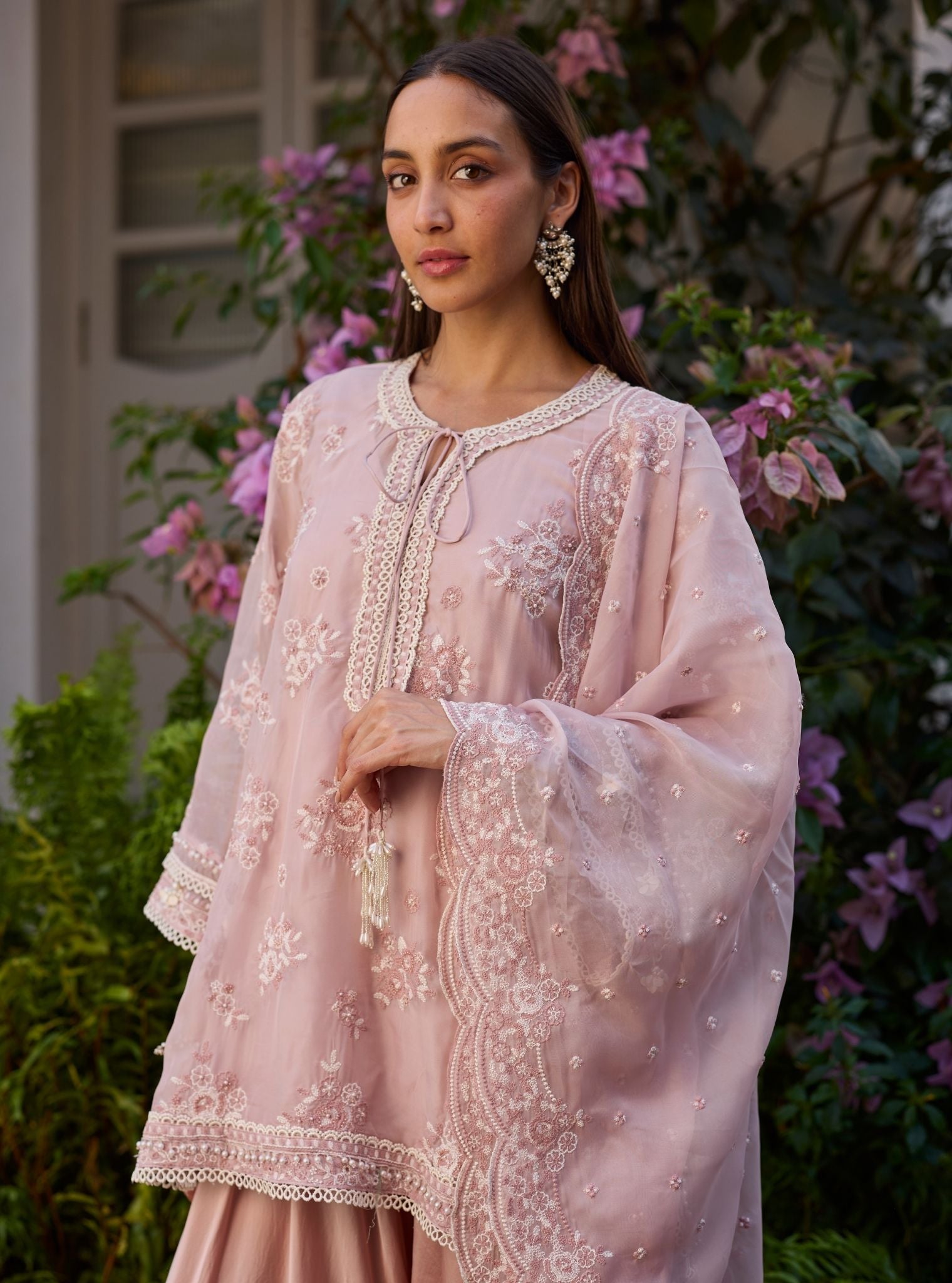 Zeni Organza Dusty Pink Kurta With Draped Cupro Pants
