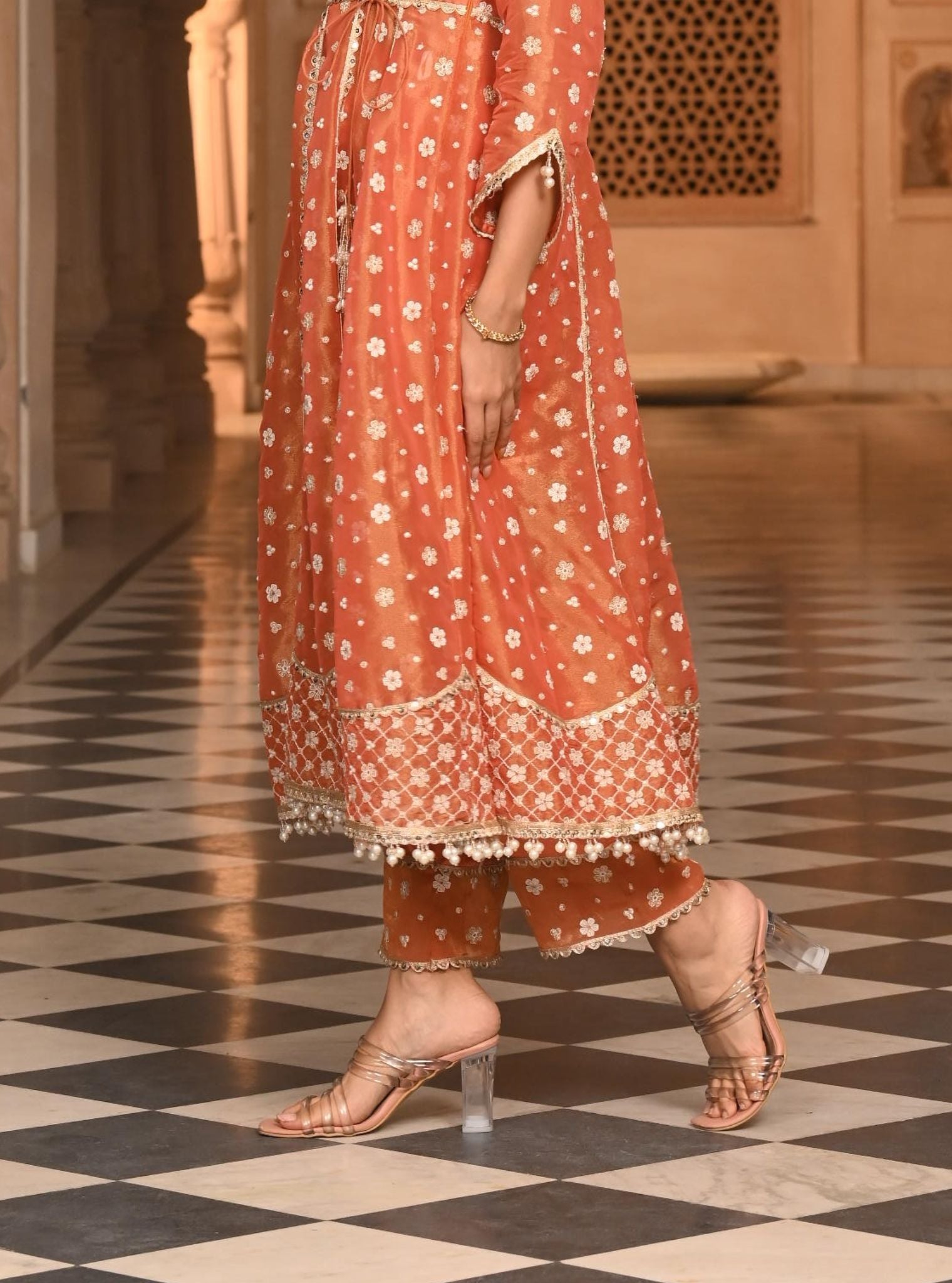 Majhi Luxe Tissue Burnt Orange Anarkali Kurta Set