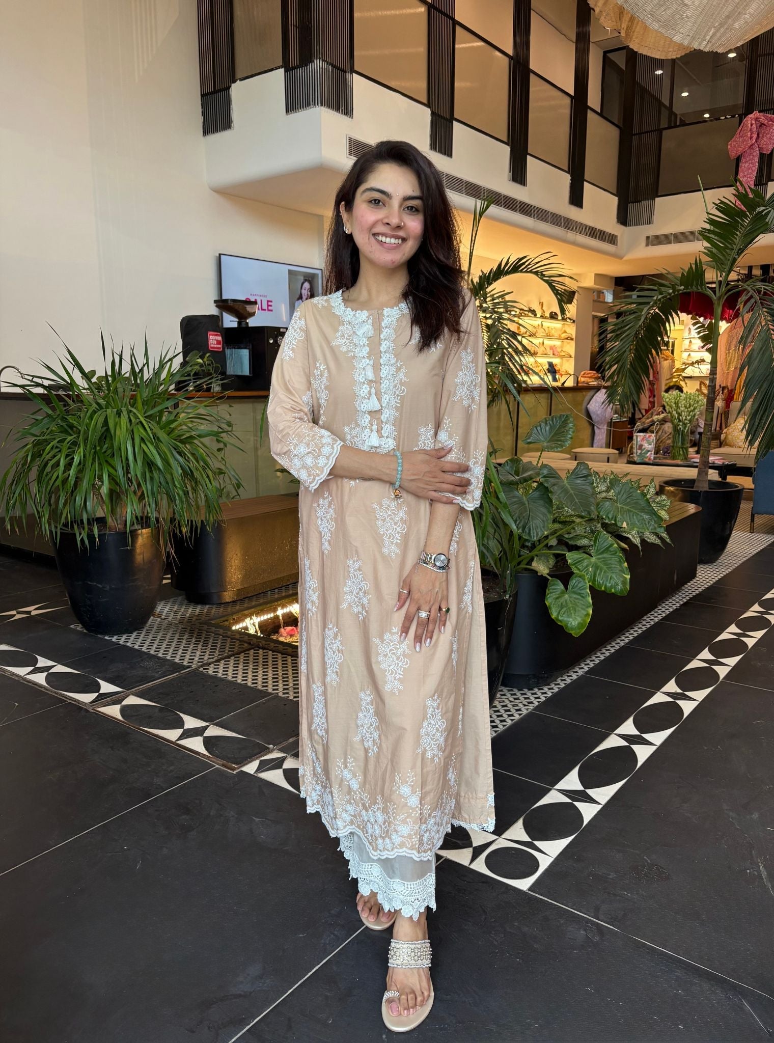 Perla Supima Cotton Beige Kurta with Floral Lace Flared White Pant Set