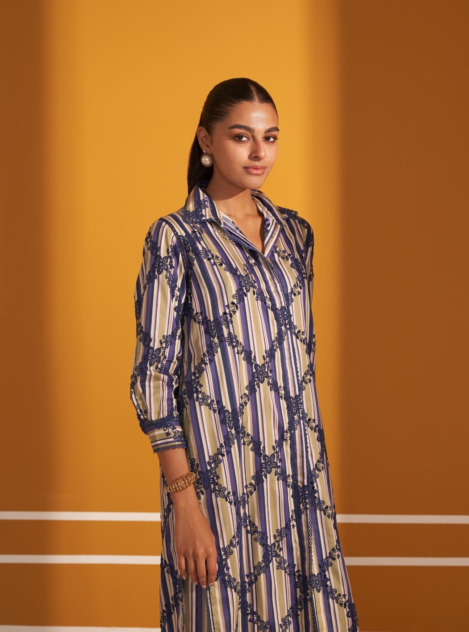 Joy Pima Satin Stripe Navy Kurta Set
