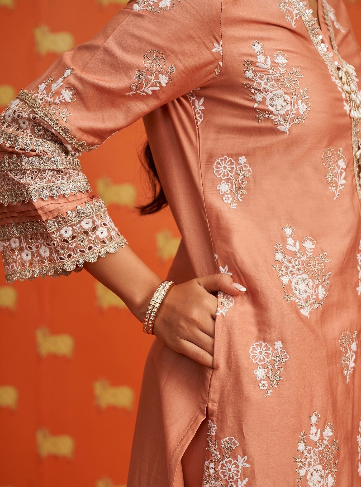 Nalin Pima Satin Peach Kurta Set