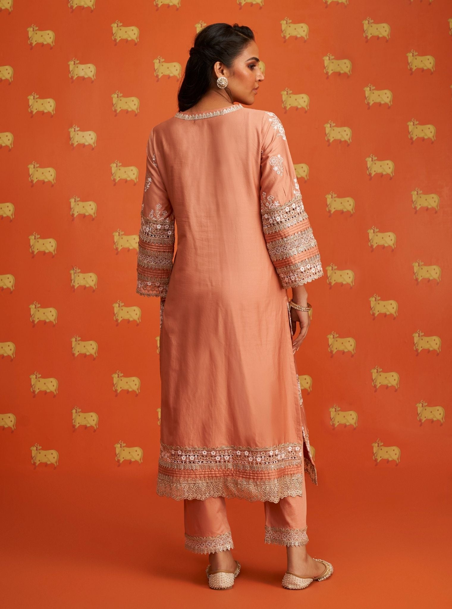 Nalin Pima Satin Peach Kurta Set