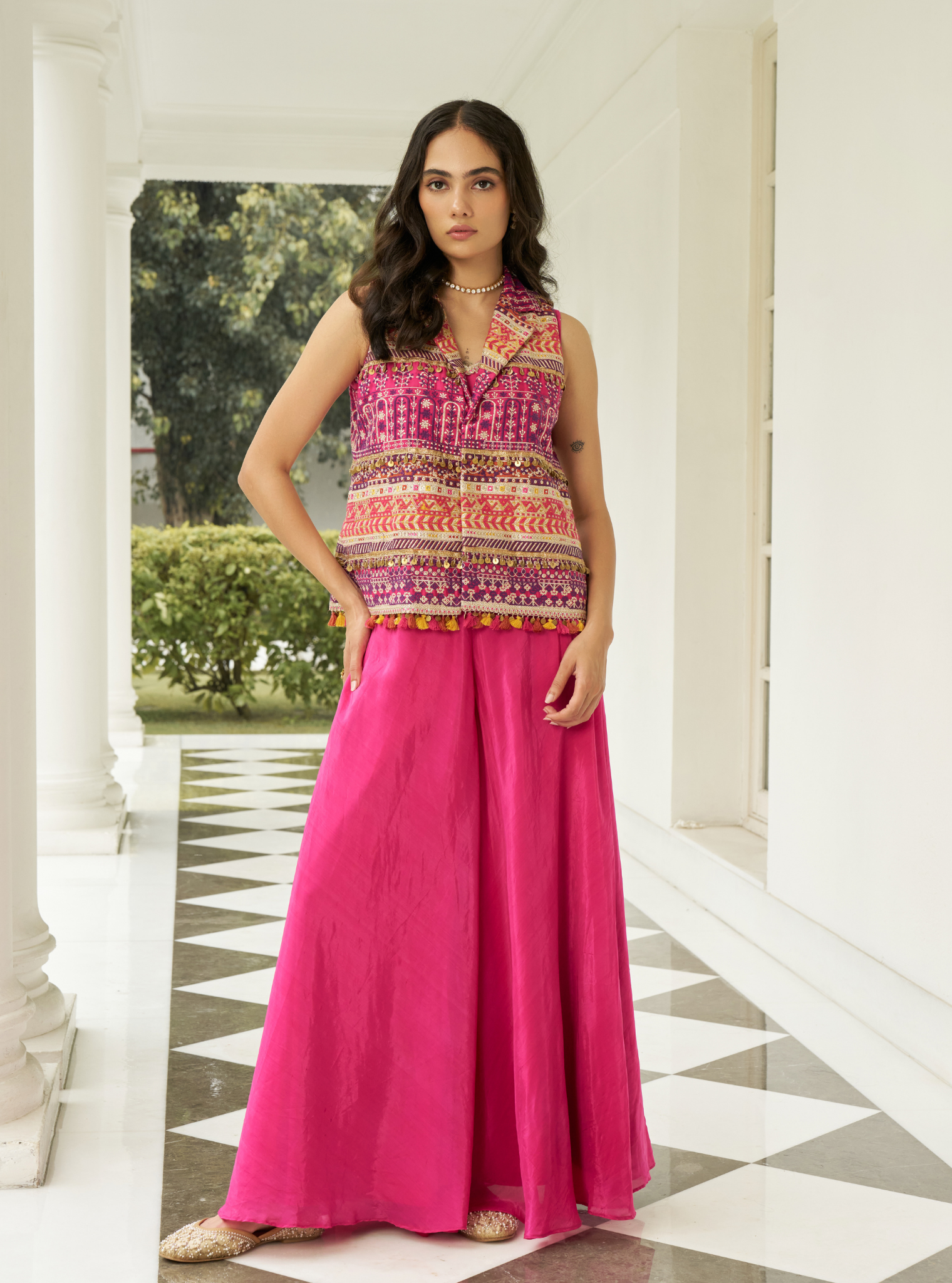 Paakhi Pima Satin Fuschia Jacket With Sharara