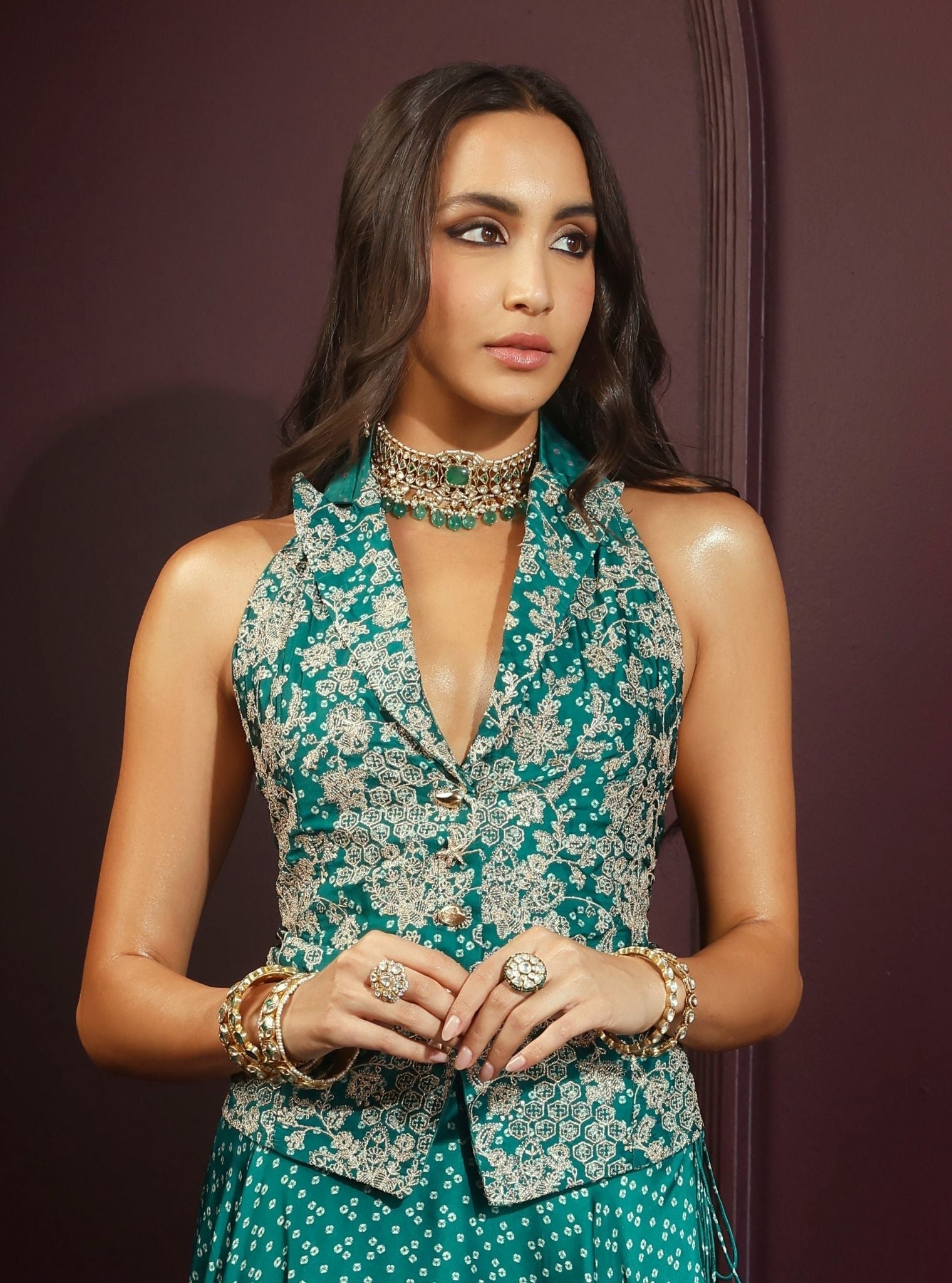 Kuhu Cupro Satin Printed Emerald Green Waistcoat With Wide Pleated Pant