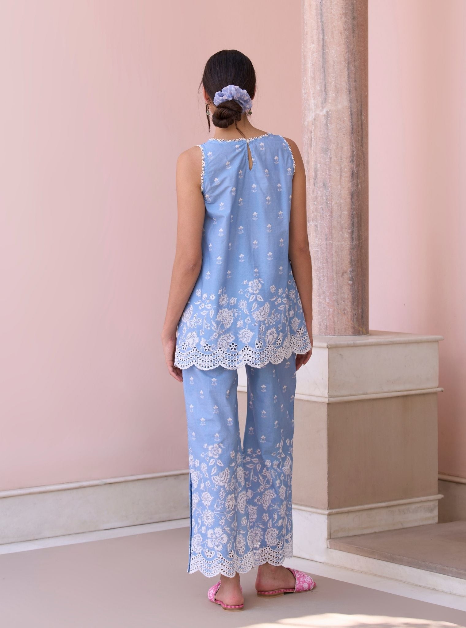 Zeenat Steel Blue Mulmul Cotton Top Set