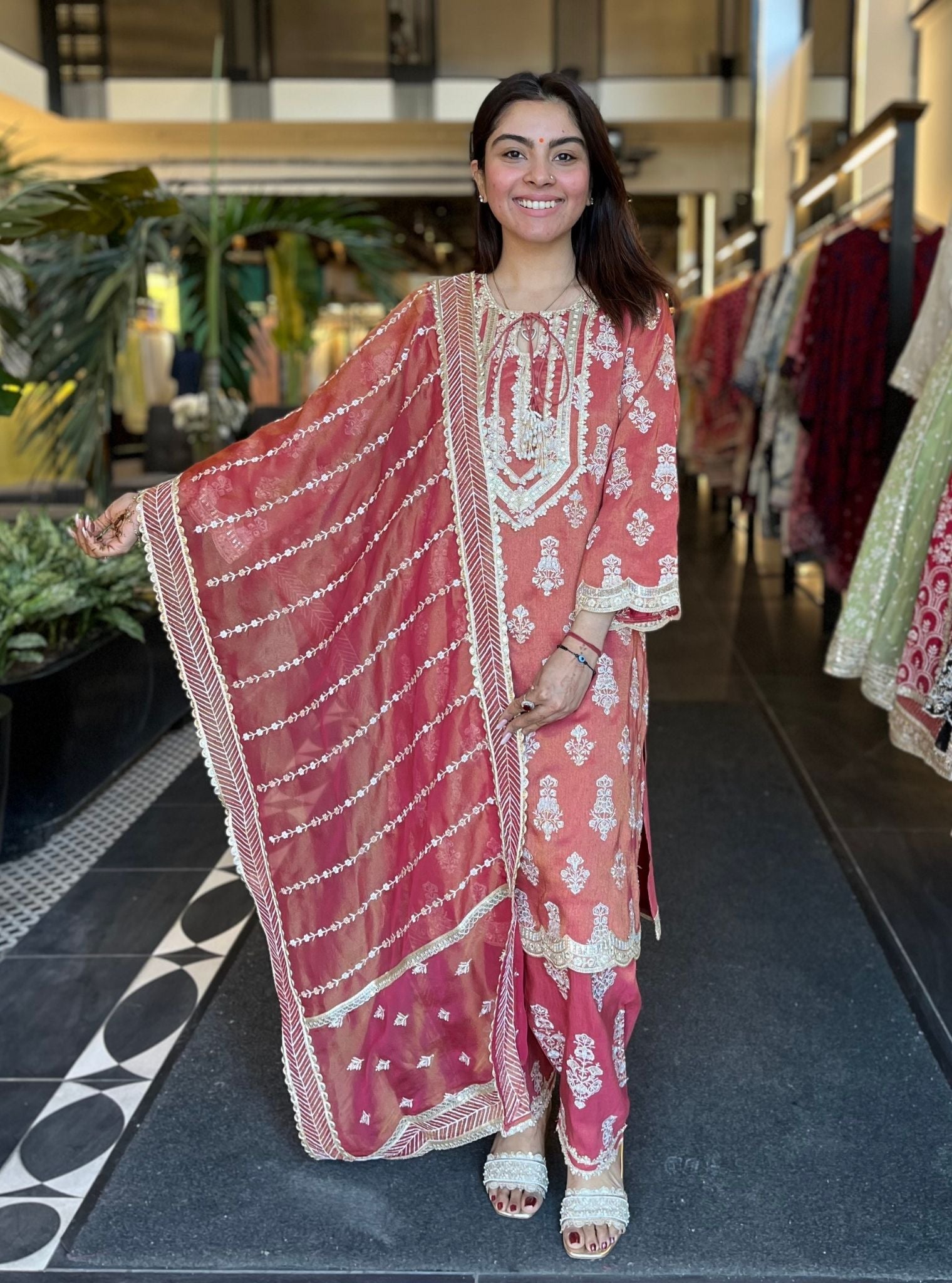 Intira Tissue Linen Satin Red Kurta Set