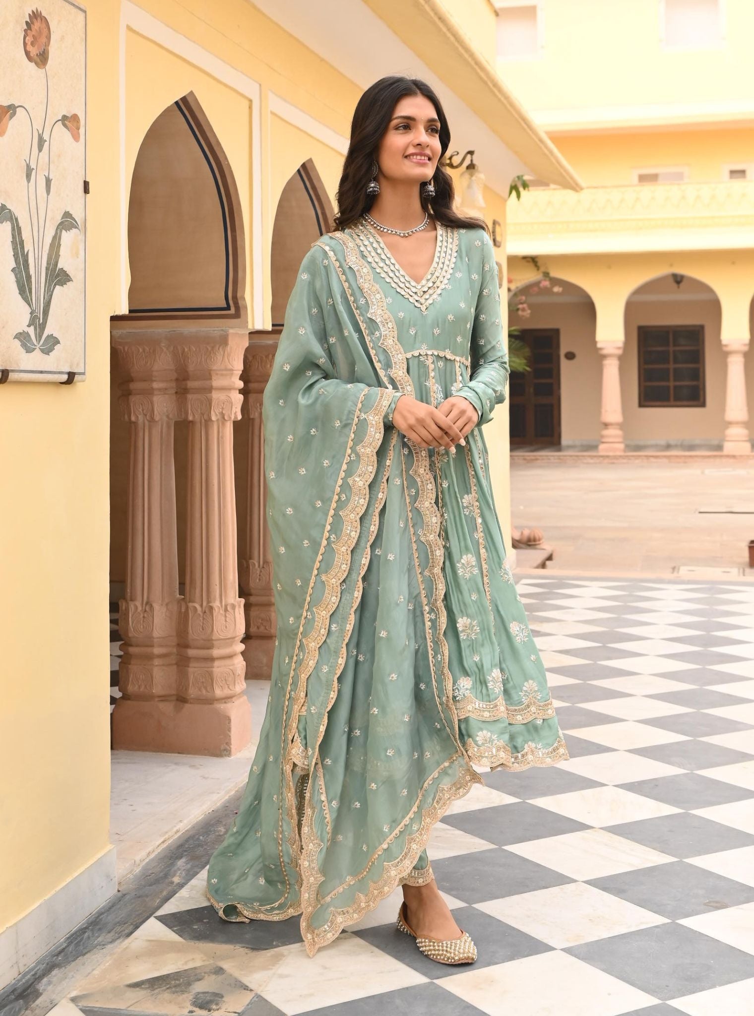 Mulmul Organza Satin Tareefan Teal Blue Anarkali Kurta with Mulmul Modal Satin Tareefan Teal Blue Pant