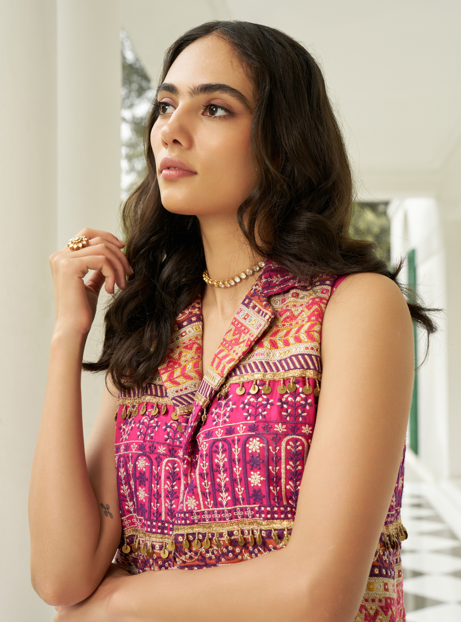 Paakhi Pima Satin Fuschia Jacket With Sharara