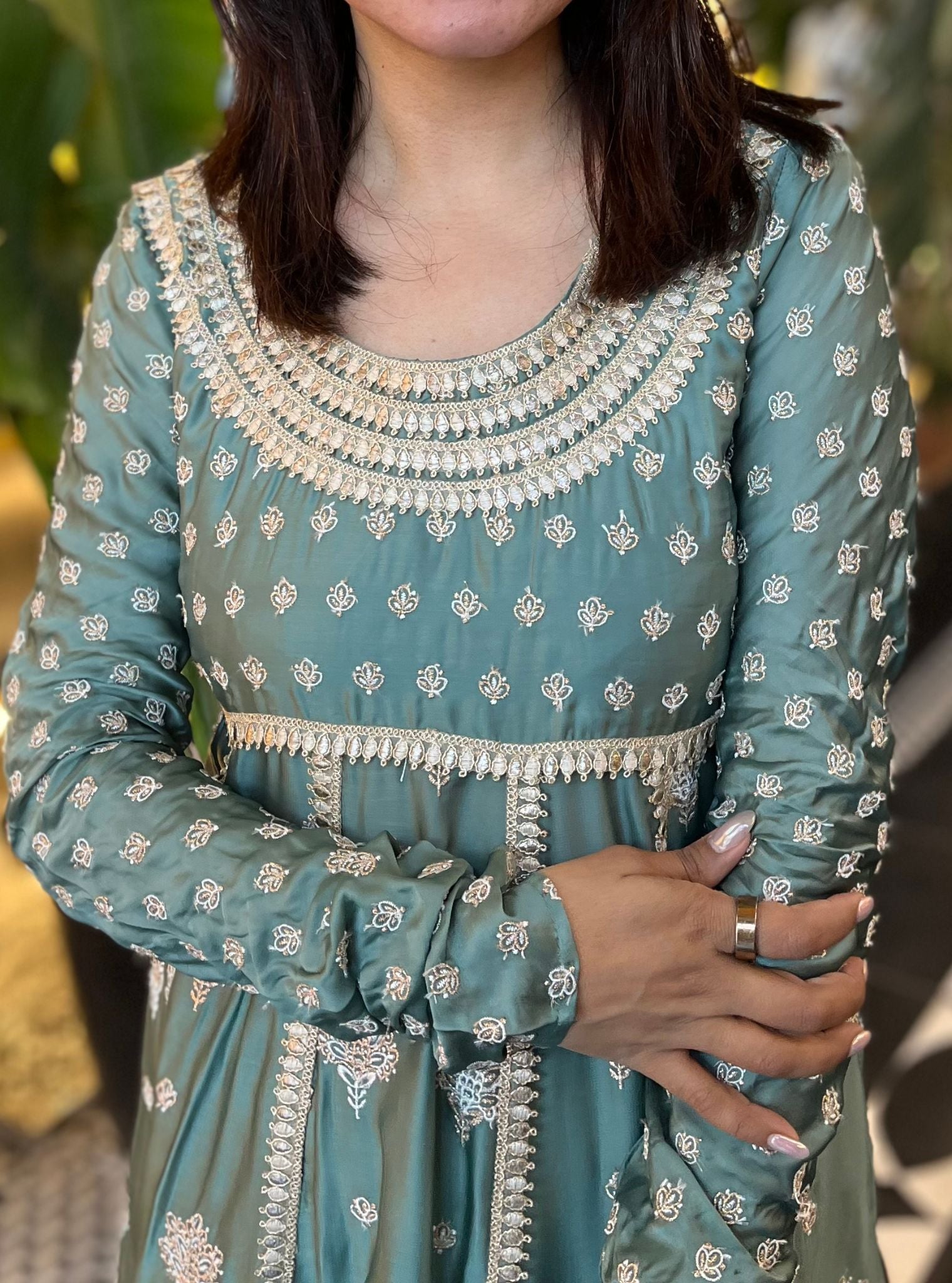 Palki Organza Satin Teal Blue Kurta Set