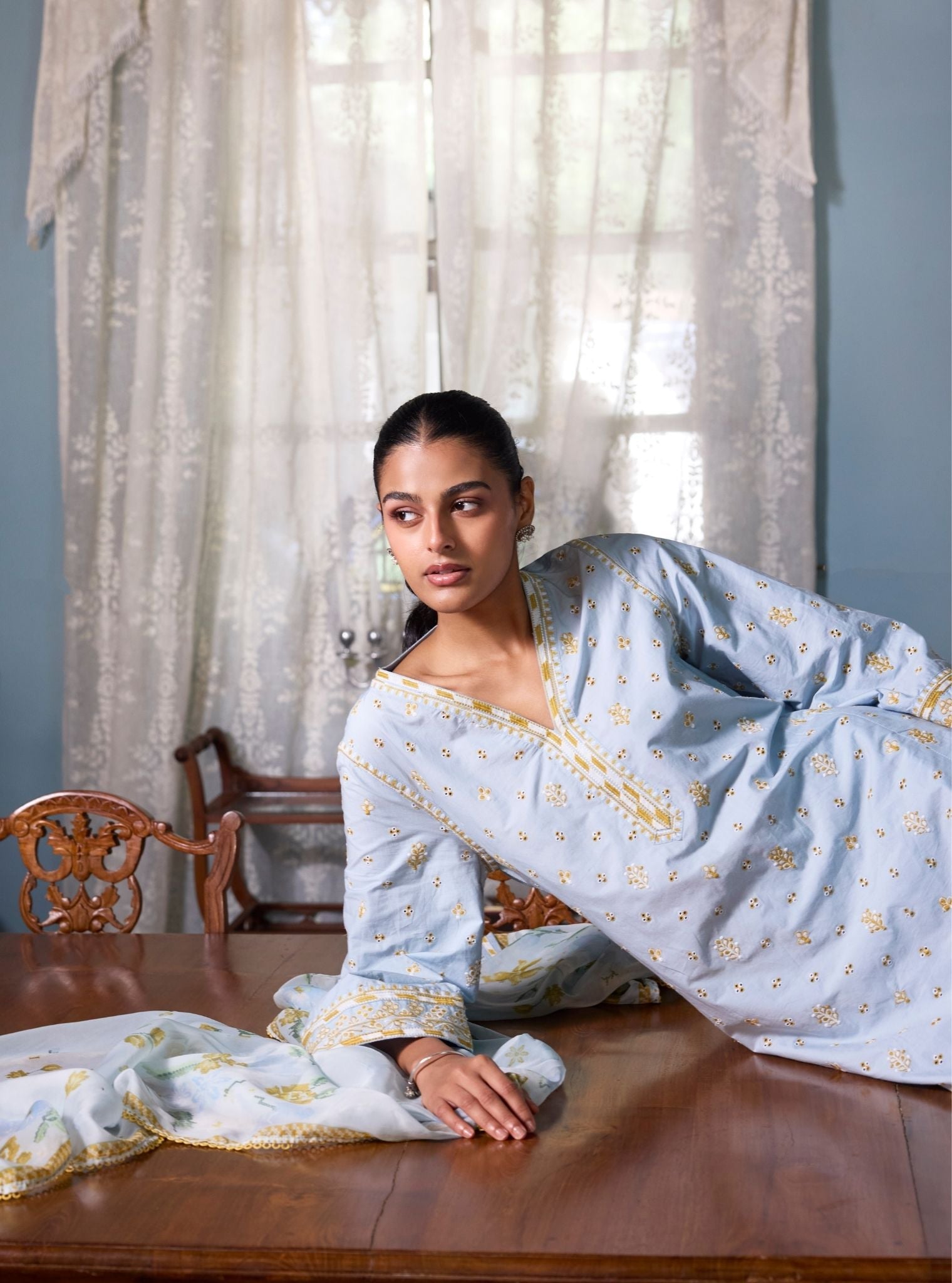 Vysa Supima Cotton Blue Printed Kurta Set