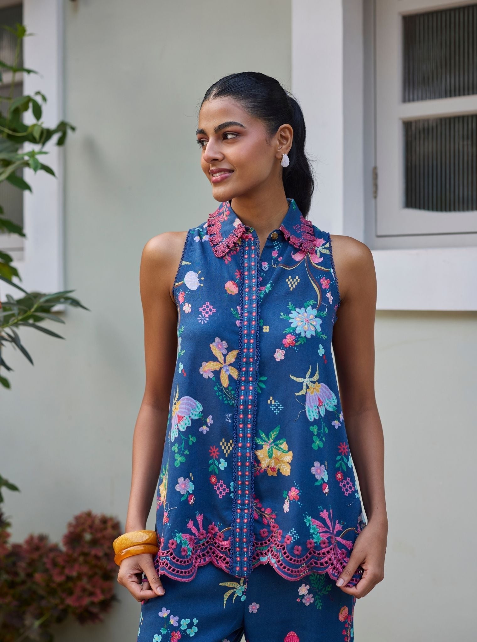 Eshira Linen Printed Navy Co-ord Set