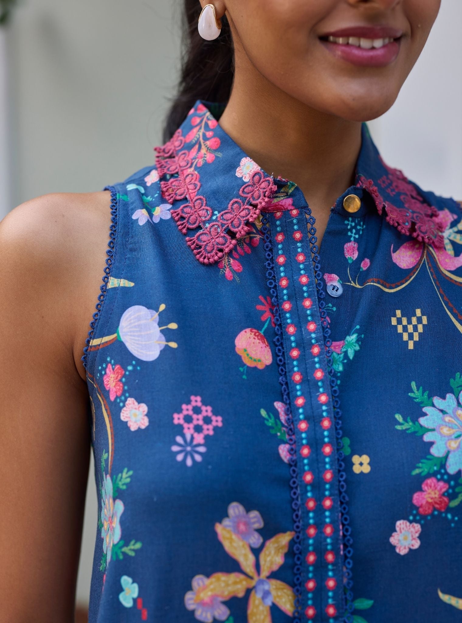 Eshira Linen Printed Navy Co-ord Set