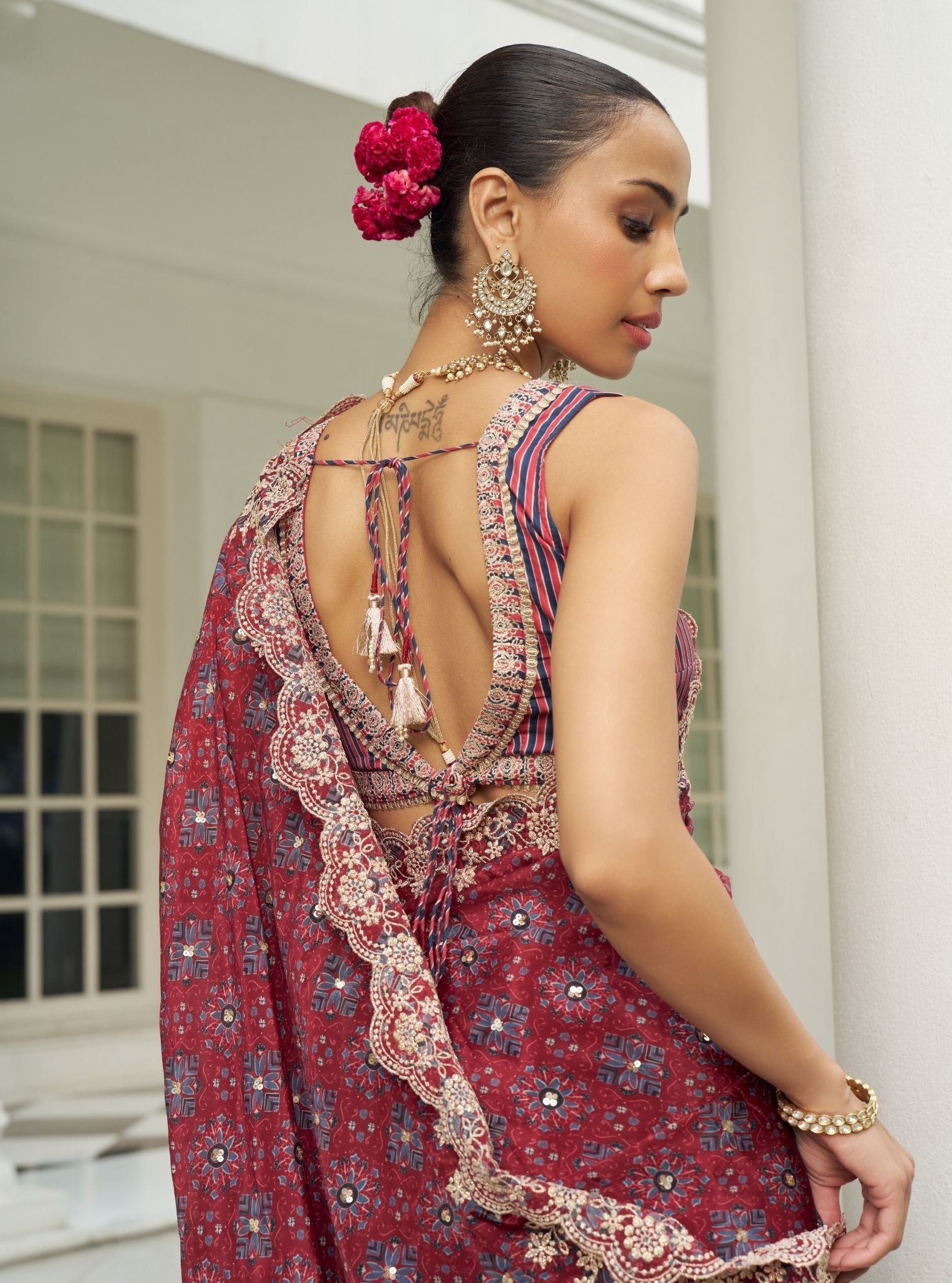 Noorani Viscose Glass Organza Red Ajrakh Print Saree