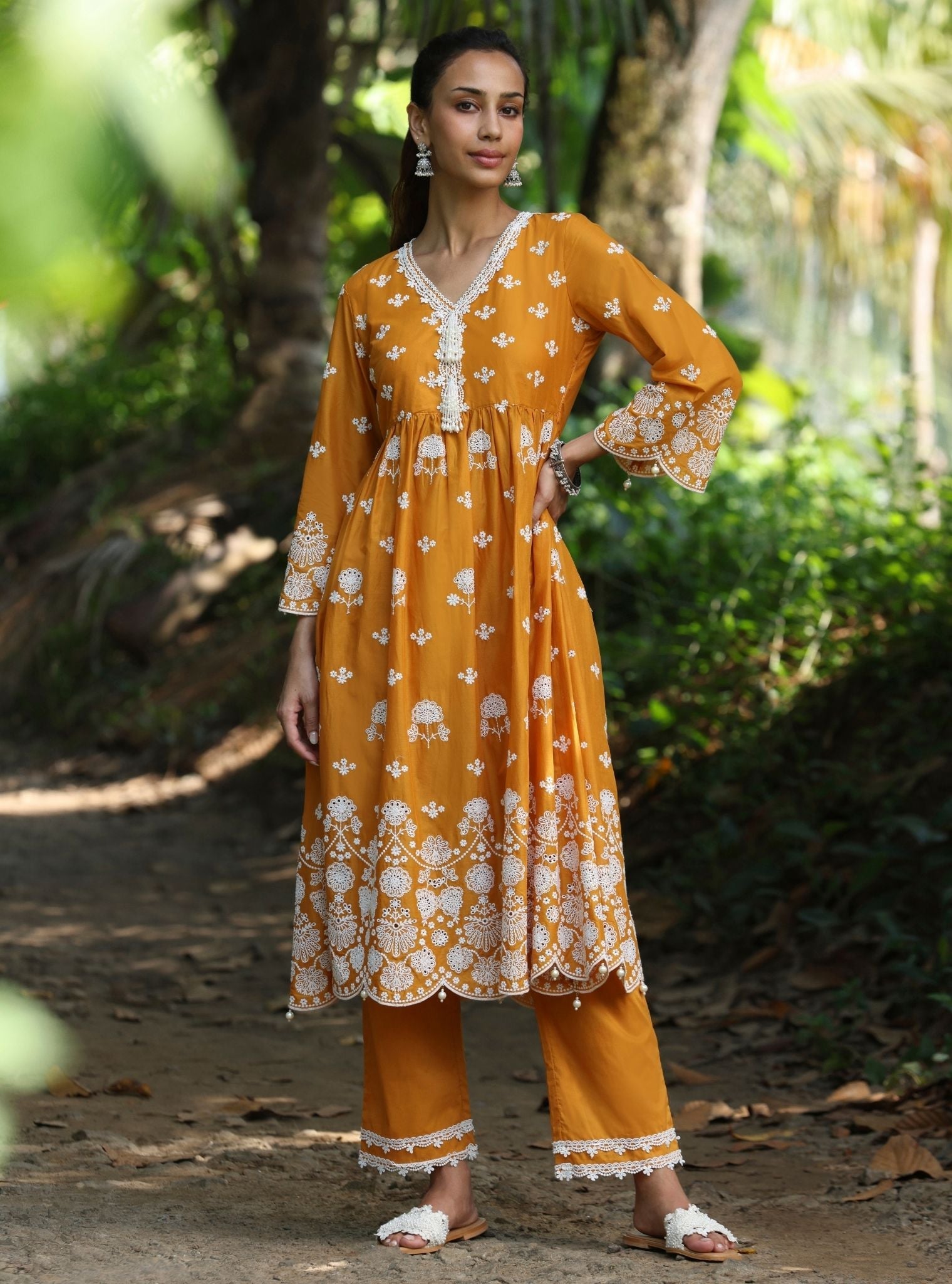 Nilan Supima Cotton Orange Anarkali Kurta Set
