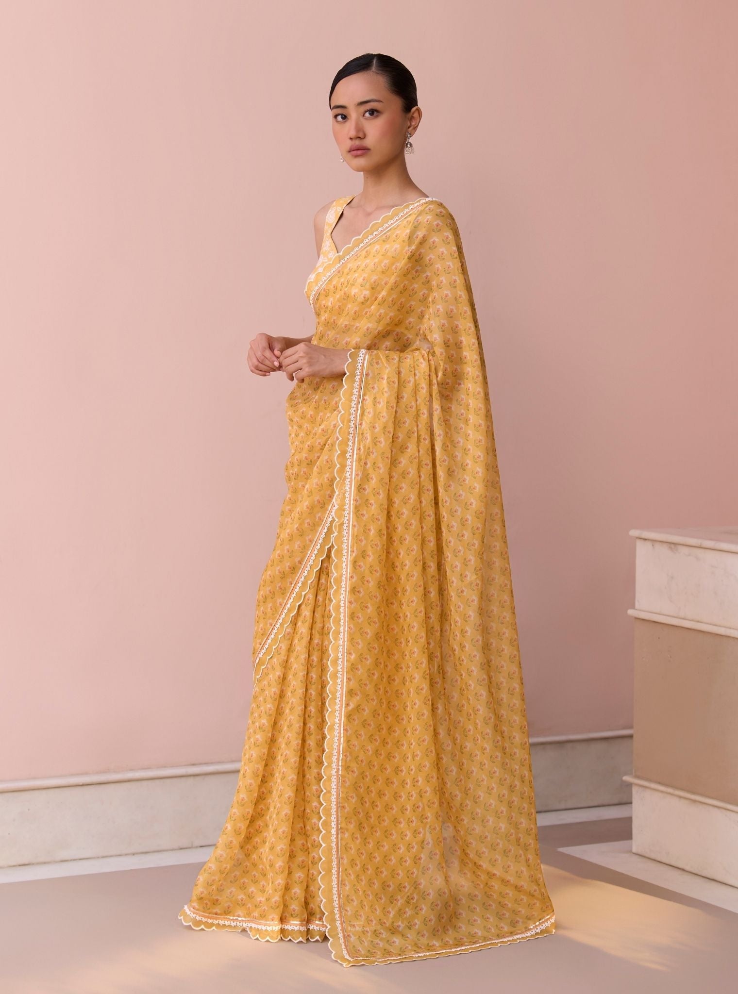Clarimond Yellow Printed Organza Saree