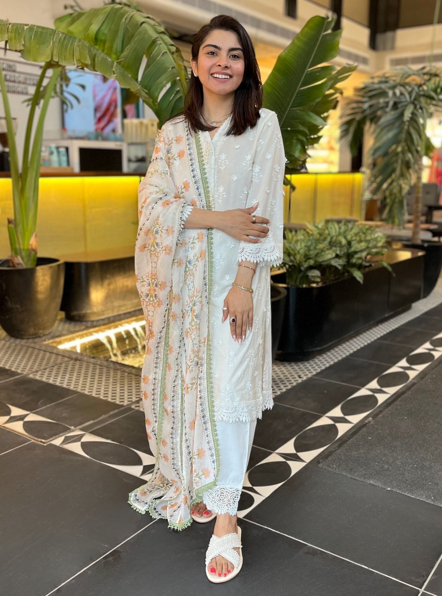 Nelea Supima Cotton Off White Kurta With Floral Chemical Lace Pant