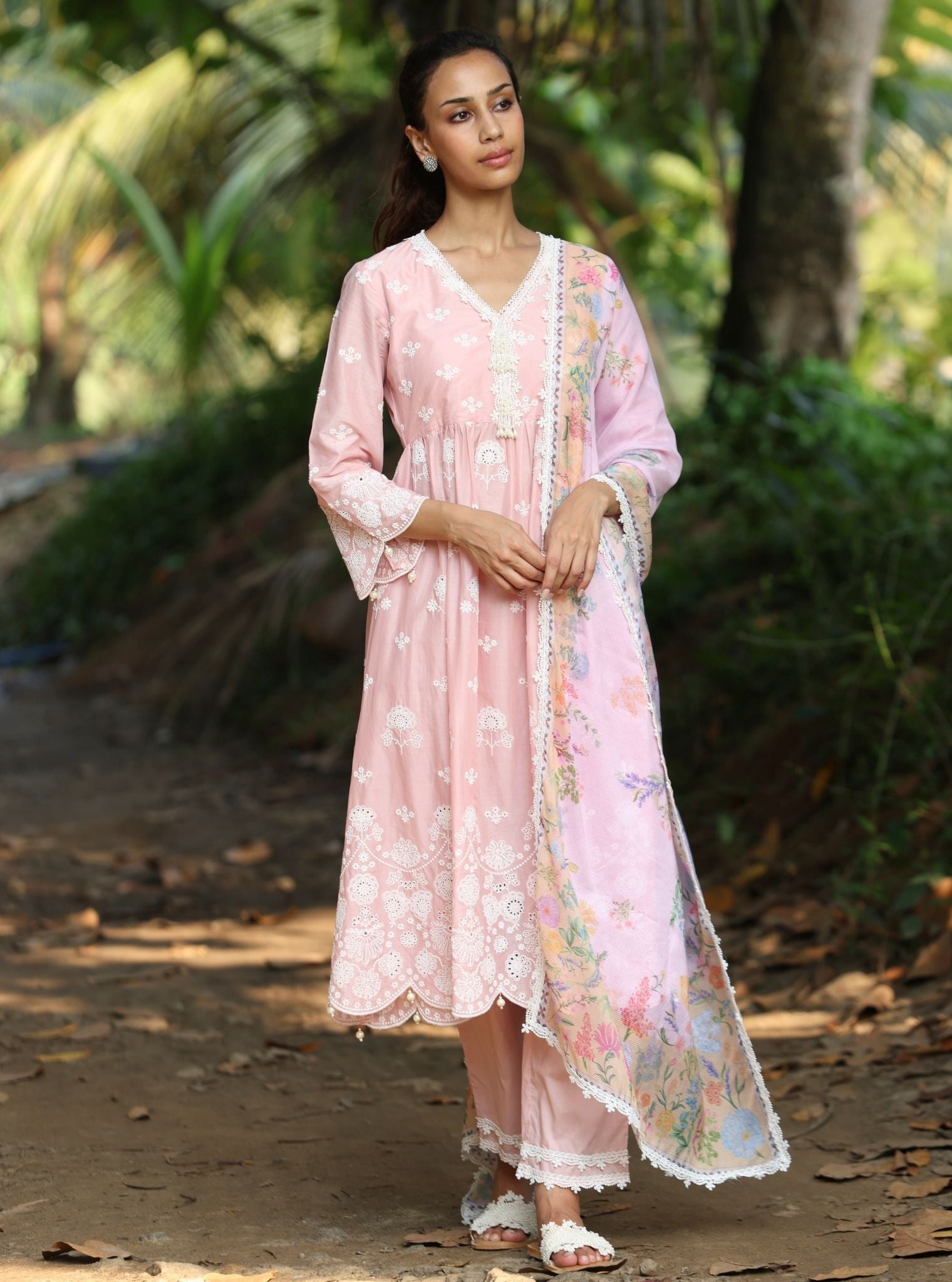 Nilan Supima Cotton Light Pink Anarkali Kurta Set
