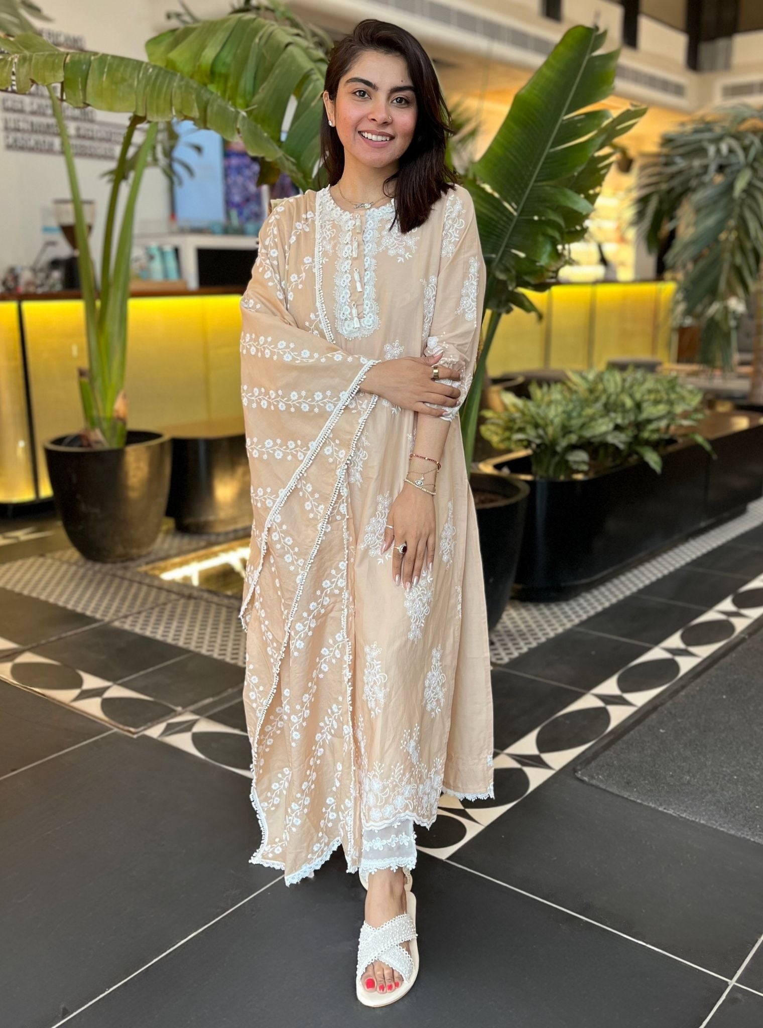 Mulmul Cotton Perla Beige Kurta With Mulmul Organza Round Hem Panel White Pant