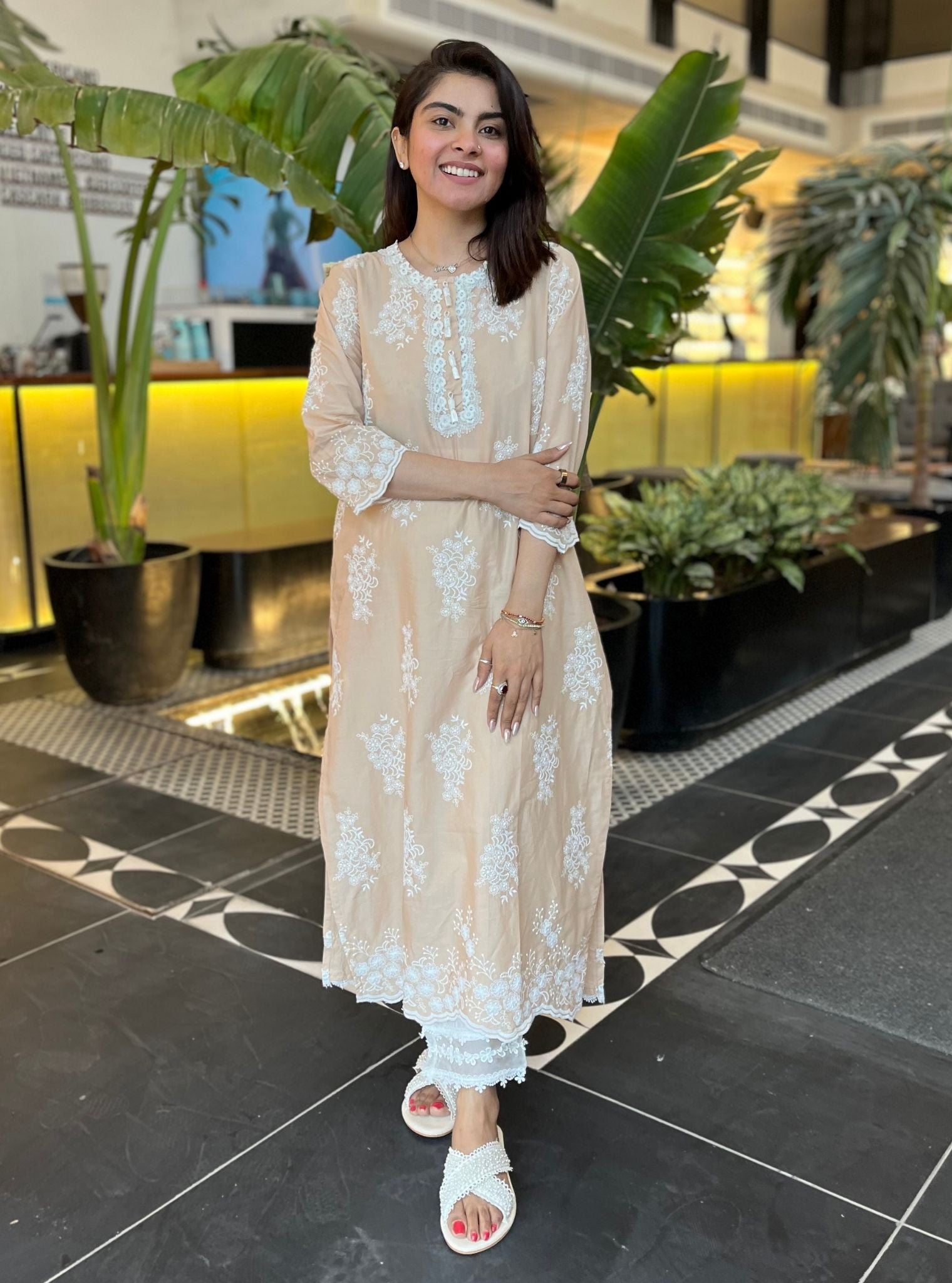 Mulmul Cotton Perla Beige Kurta With Mulmul Organza Round Hem Panel White Pant