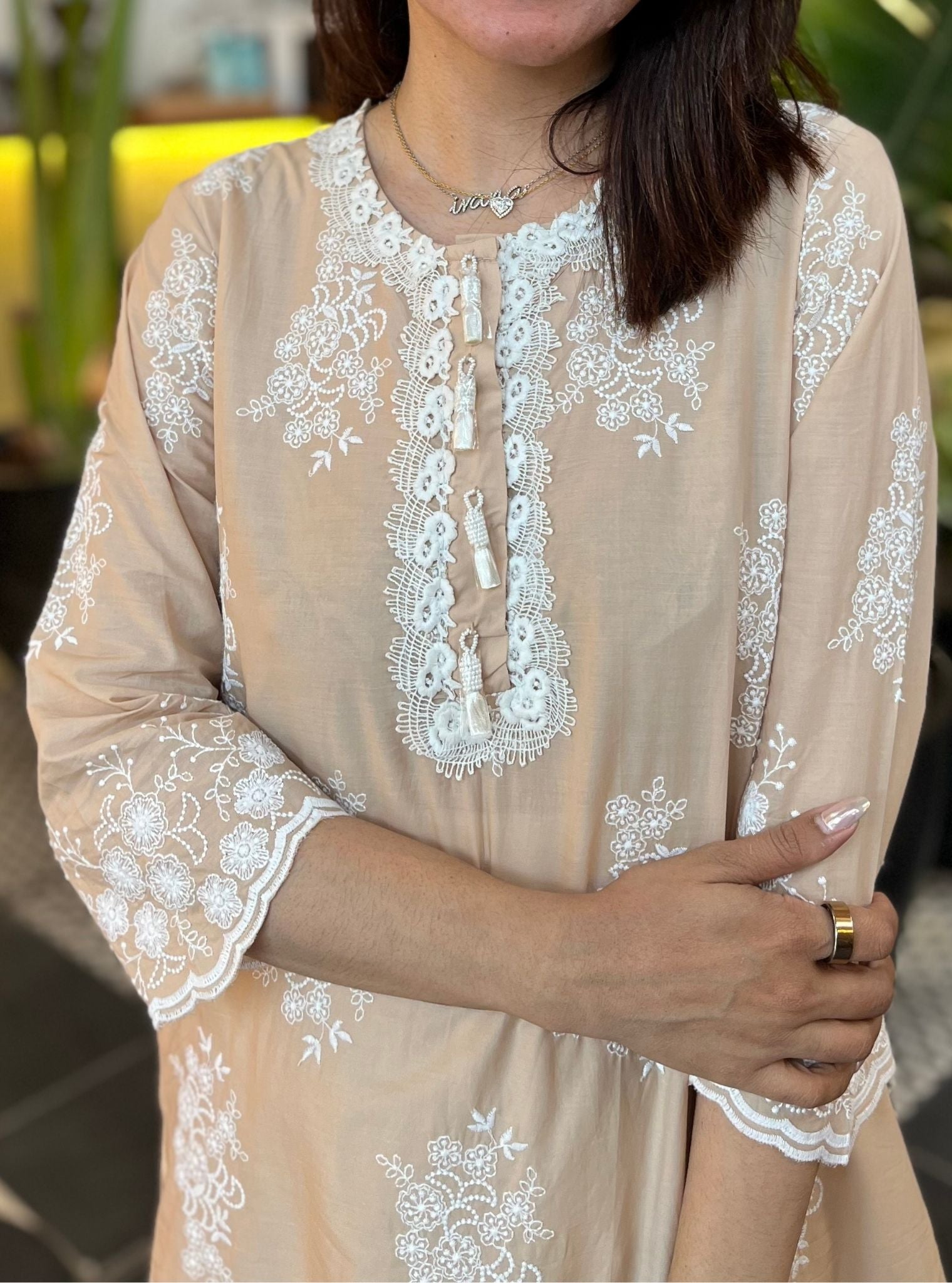 Mulmul Cotton Perla Beige Kurta With Mulmul Organza Round Hem Panel White Pant