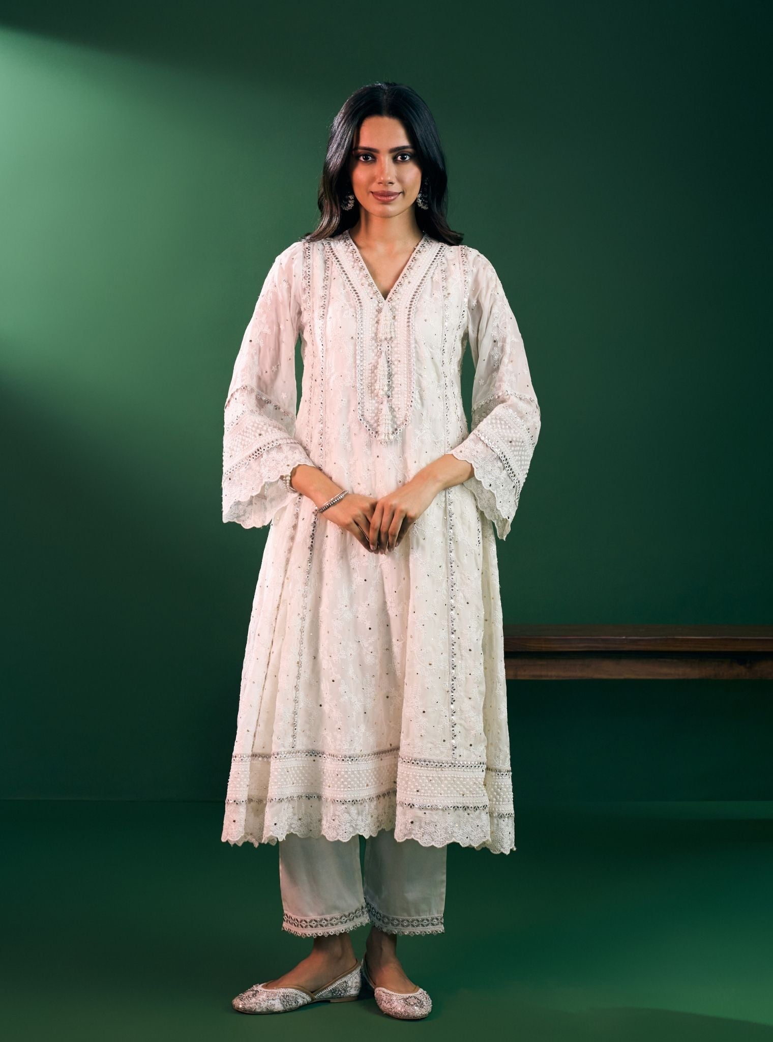Rupa Organza Off White Anarkali Kurta with Pima Satin Off White Pant Set