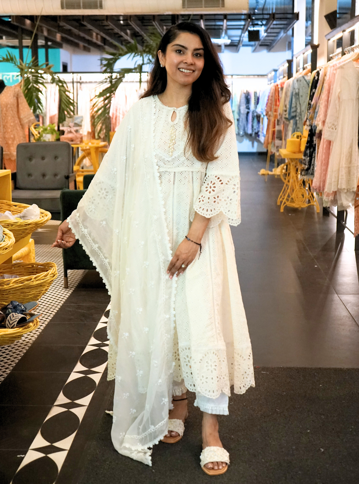 Mulmul Cotton Arris White Anarkali Kurta With Diagonal Lace White Pant