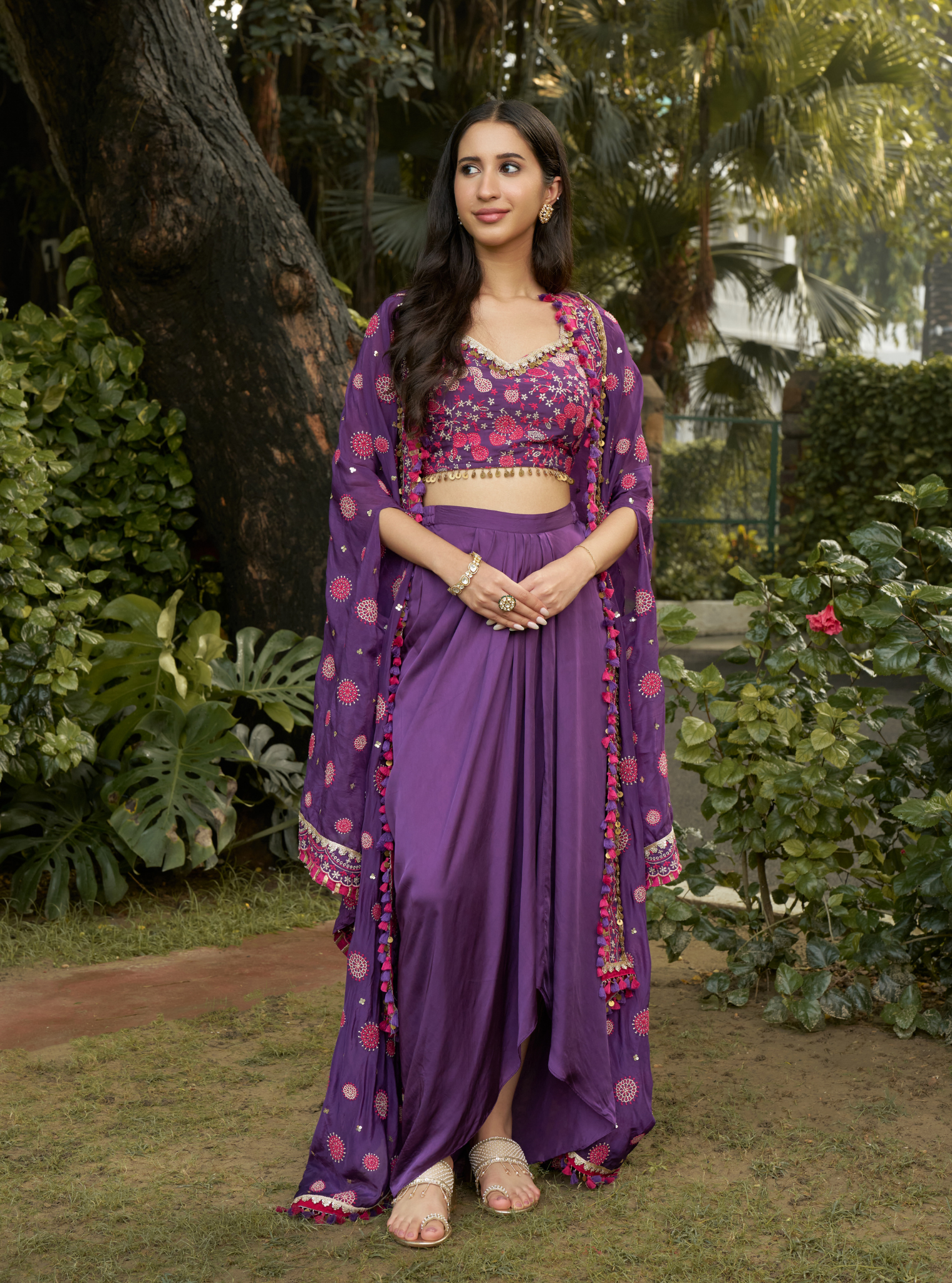 Parinay Glass Organza Purple Cape With Skirt