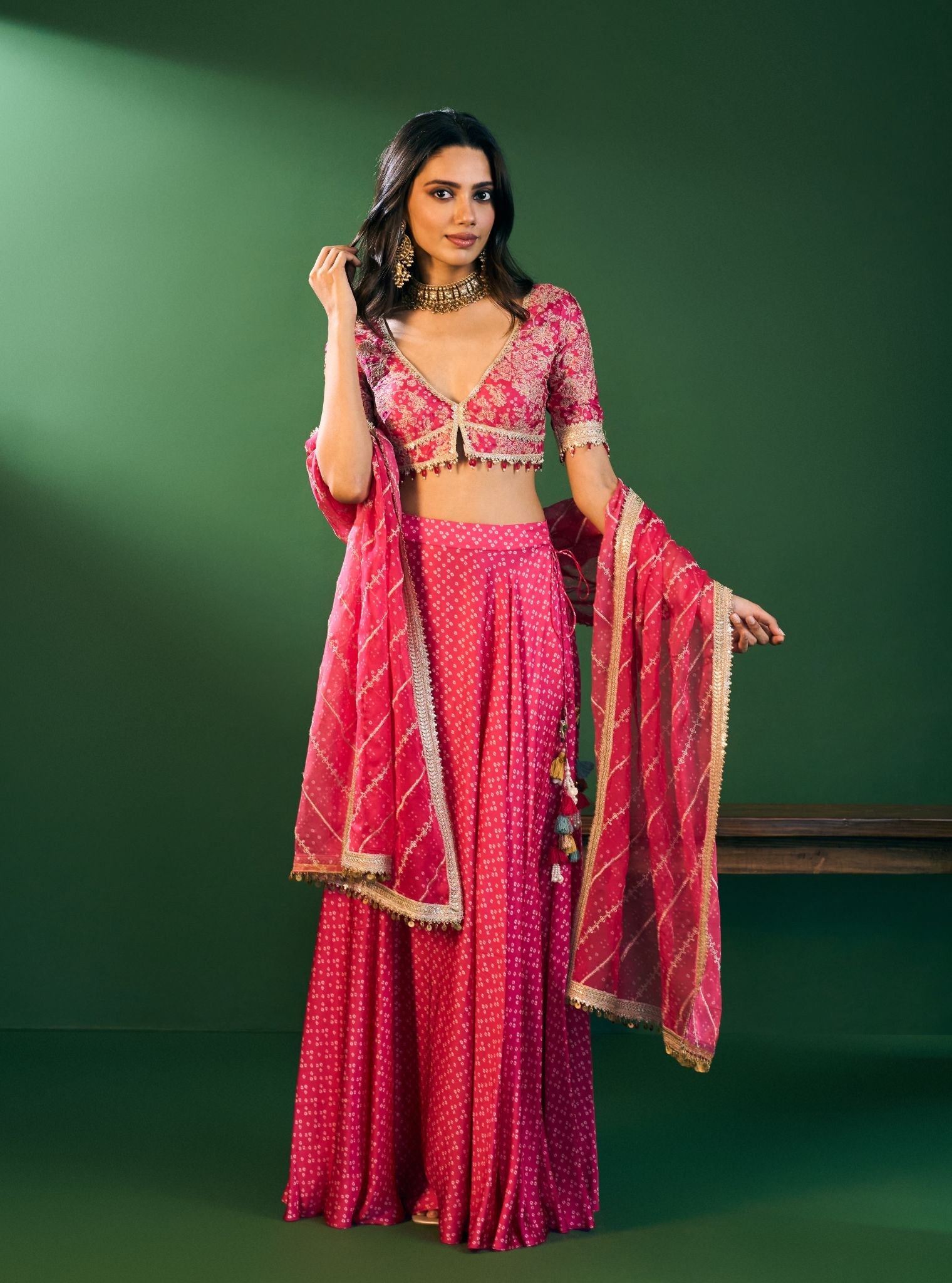 Kuni Cupro Satin Printed Fuschia Skirt Set