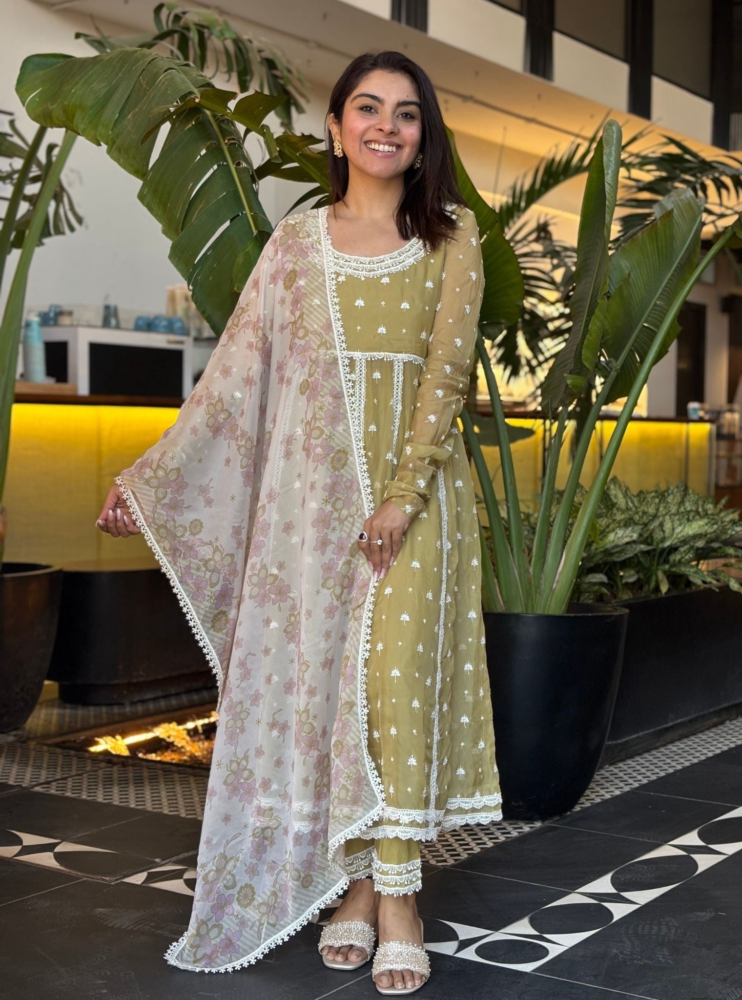 Raia Organza Green Anarkali Kurta Set