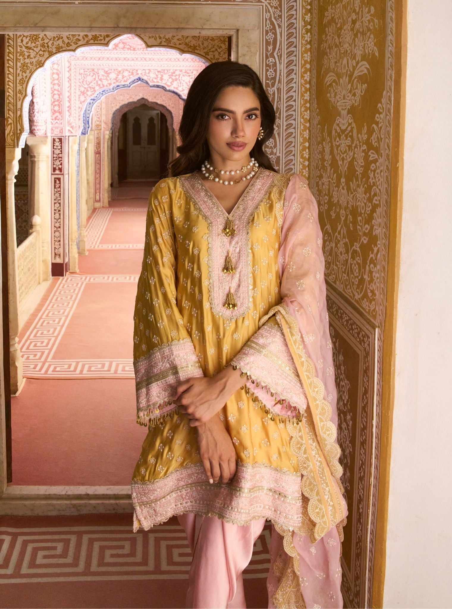 Survani Bemberg Satin Mustard Kurta With Pink Salwar