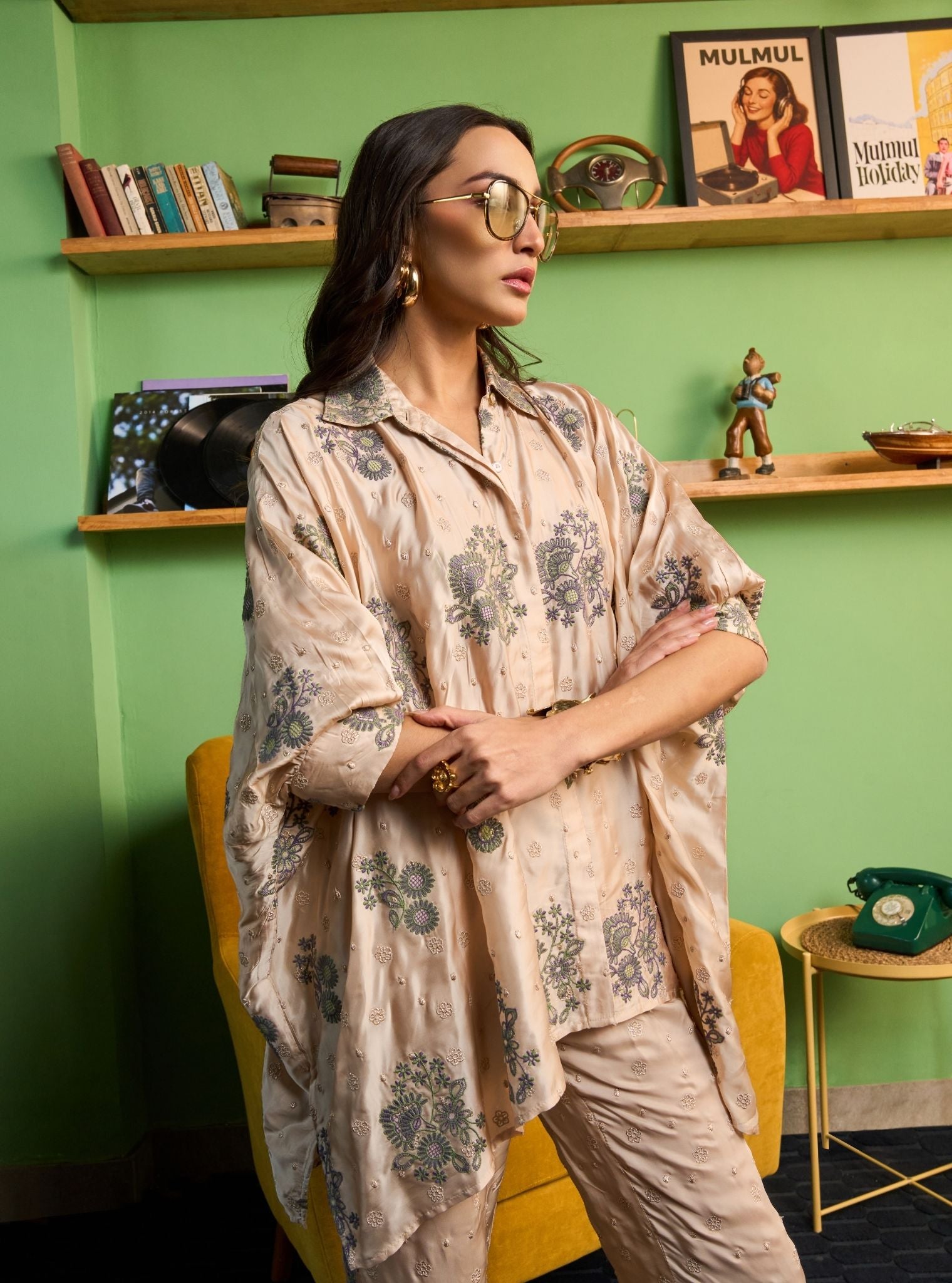 Siyaahi Cupro Satin Champagne Emebroidery Shirt Set