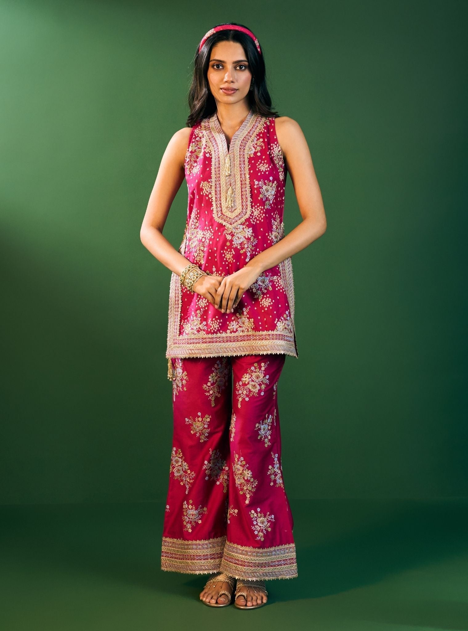Lami Pima Satin Fuchsia Kurta With Flared Bell-Bottom Pants