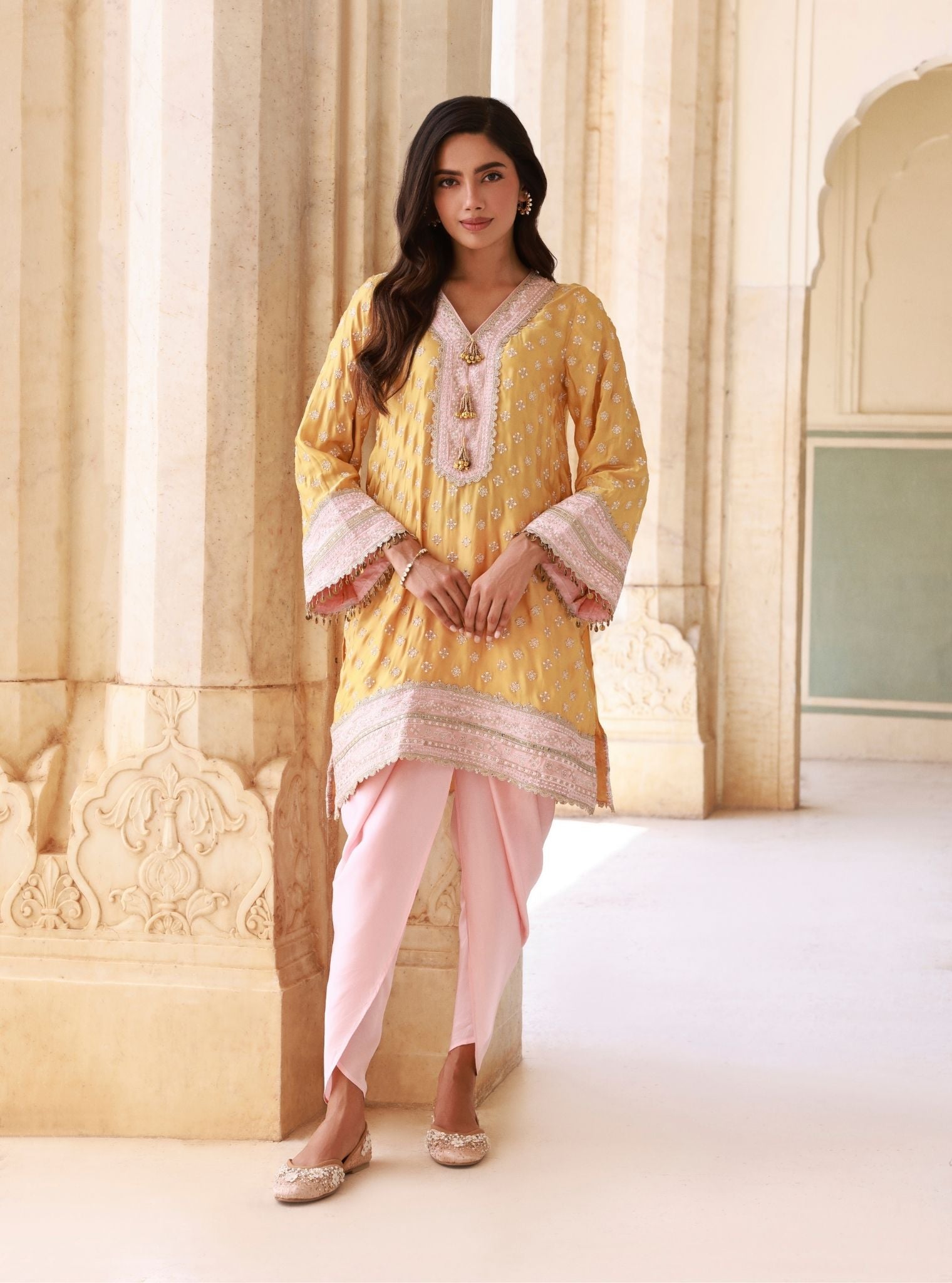 Survani Bemberg Satin Mustard Kurta With Pink Salwar