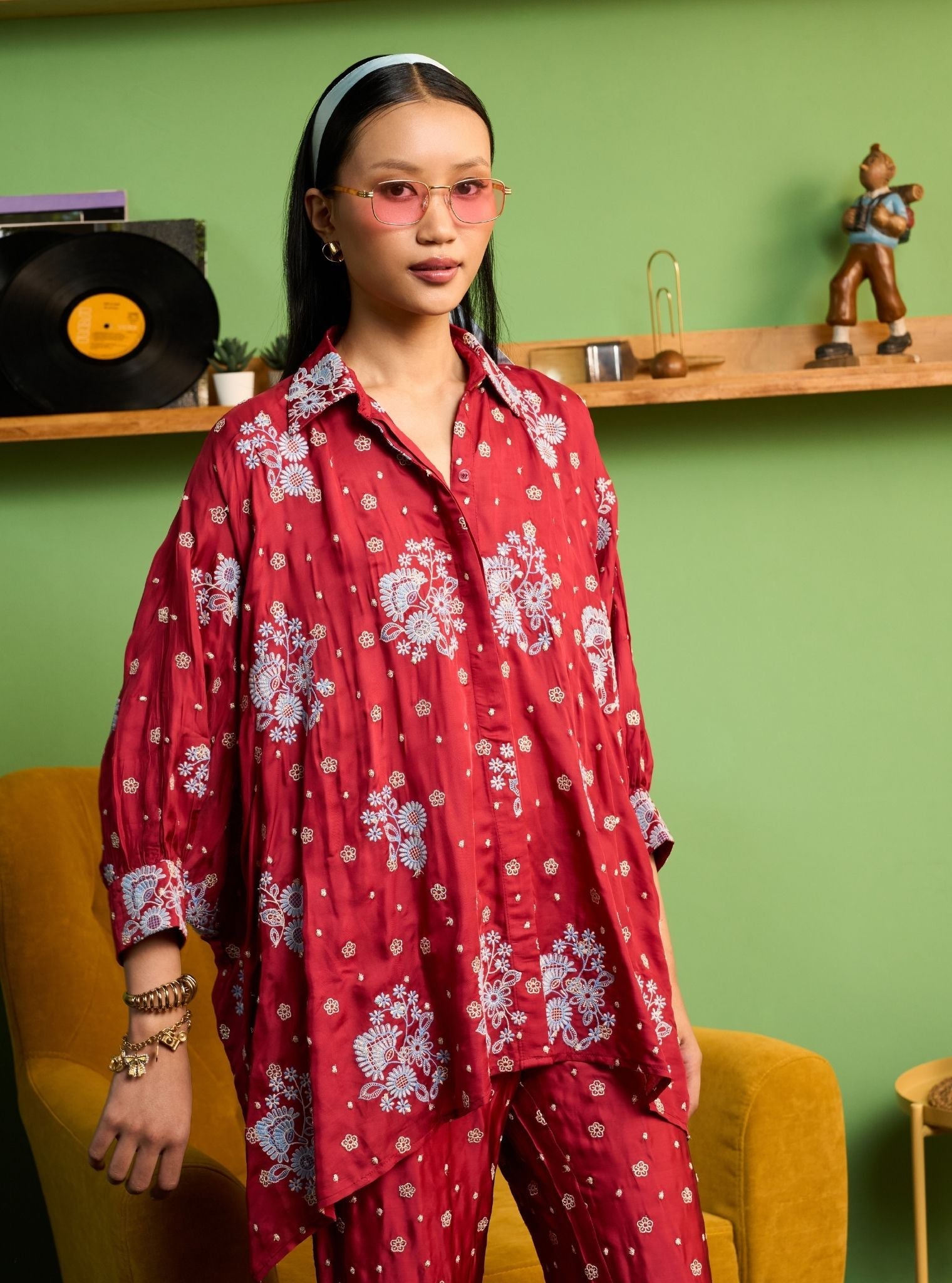 Siyaahi Cupro Satin Red Emebroidery Shirt Set